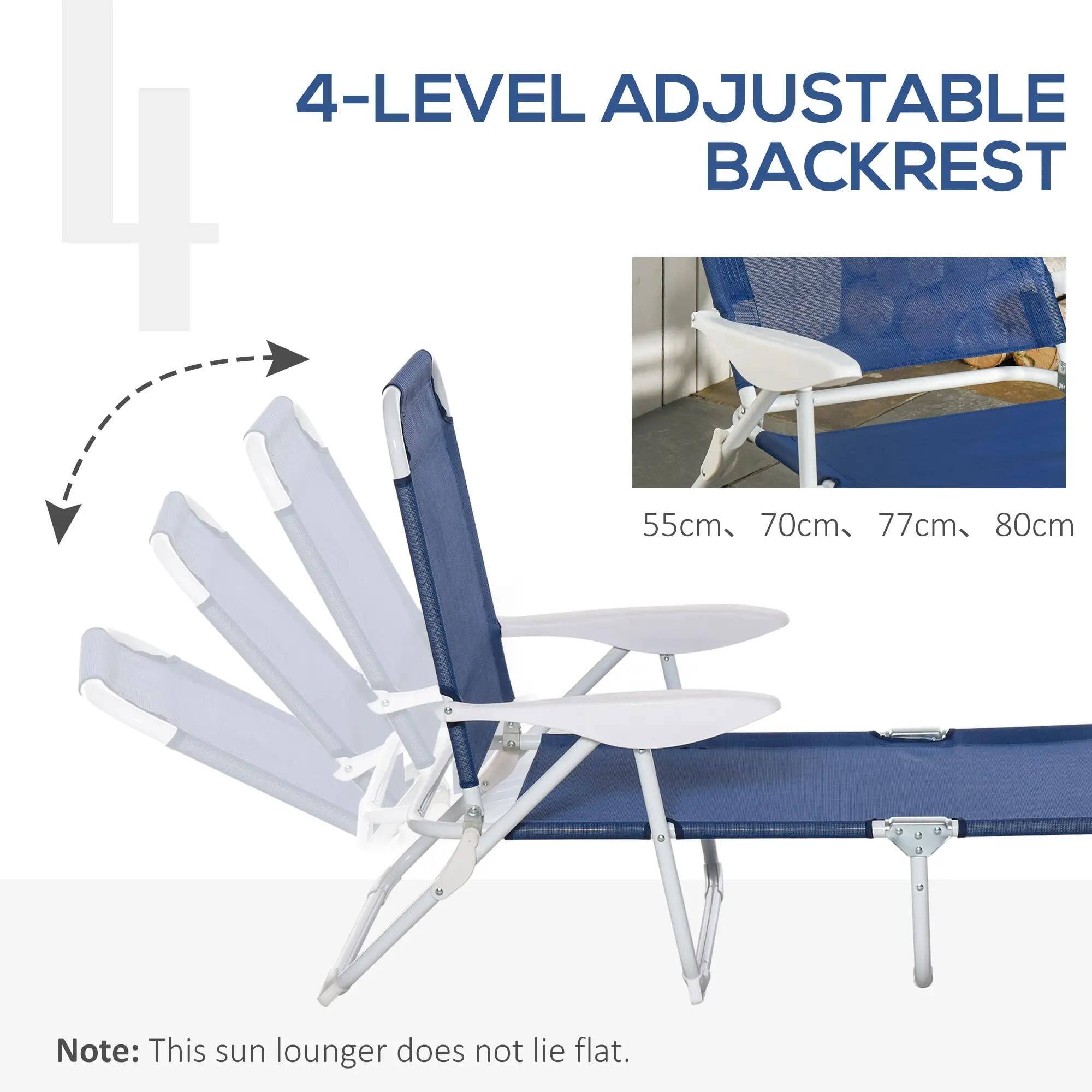 4-LEVEL ADJUSTABLE BACKREST 55cm 70cm 77cm 80cm Note: This sun lounger does not lie flat.