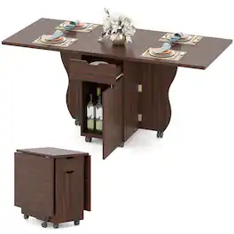 Costway - Folding Dining Table with Lockable Wheels, 2 Drawers & 2 Cabinets for Small Spaces - Walnut