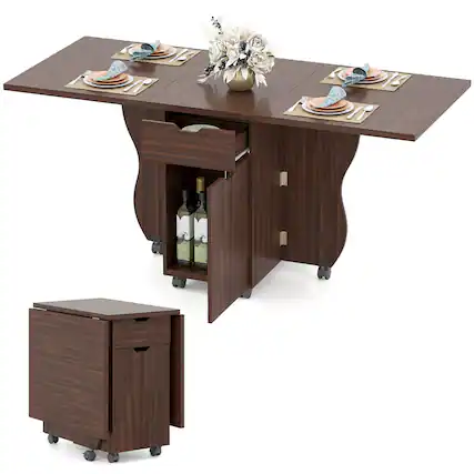 Front. Costway - Costway Folding Dining Table with Lockable Wheels, 2 Drawers & 2 Cabinets for Small Spaces - Walnut.
