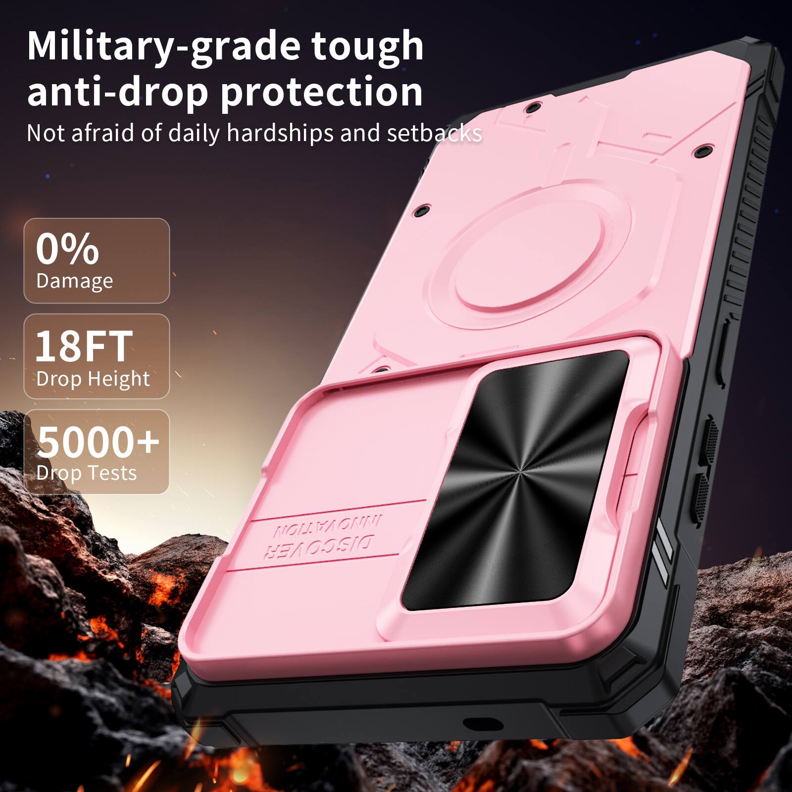 Military-grade tough anti-drop protection  
Not afraid of daily hardships and setbacks  
0% Damage  
18FT Drop Height  
5000+ Drop Tests