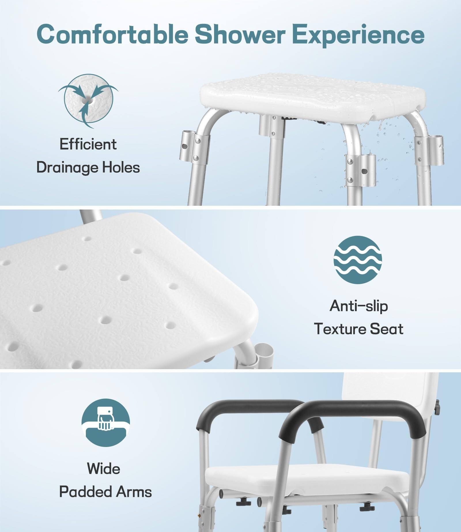 Comfortable Shower Experience

- Efficient Drainage Holes
- Anti-slip Texture Seat
- Wide Padded Arms