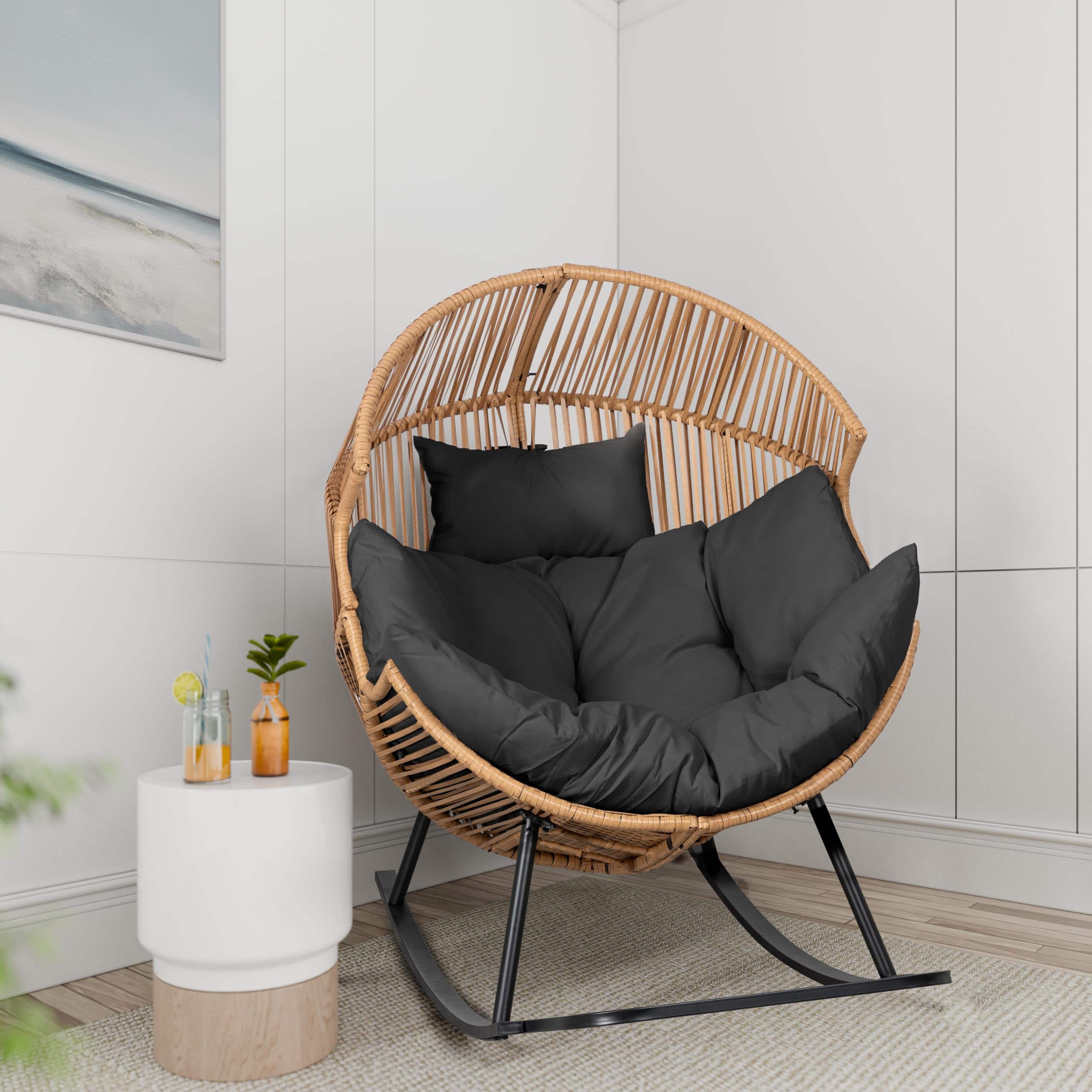 Fabibe - Wicker Egg Chair Outdoor Rattan Patio Chair with Cushion,Oversized Patio Lounge Chairs with Cushion Egg Basket - Grey Rocking Egg Chair