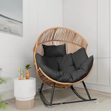 Front. Fabibe - Wicker Egg Chair,Outdoor Indoor Rocking Chair,Large PE Rattan Rocking Chair with Cushion for Patio, Balcony,... - Grey Rocking Egg Chair.