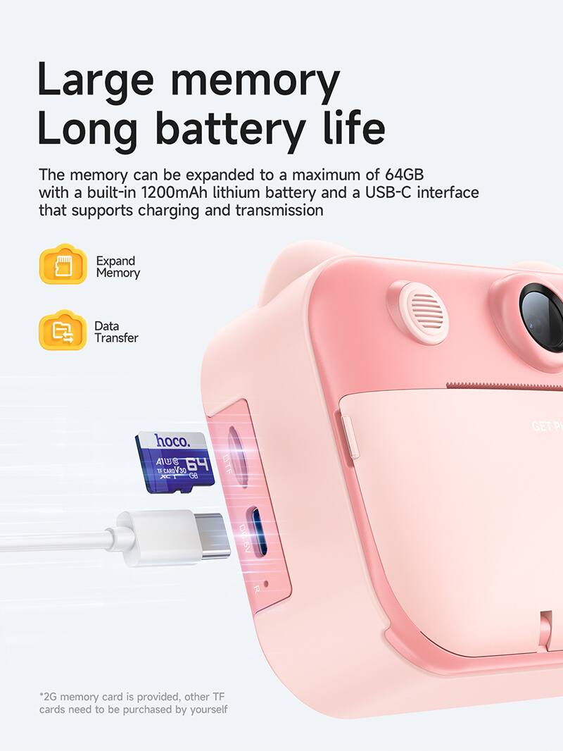 Large memory  
Long battery life  

The memory can be expanded to a maximum of 64GB with a built-in 1200mAh lithium battery and a USB-C interface that supports charging and transmission  

Expand Memory  
Data Transfer  

*2G memory card is provided, other TF cards need to be purchased by yourself