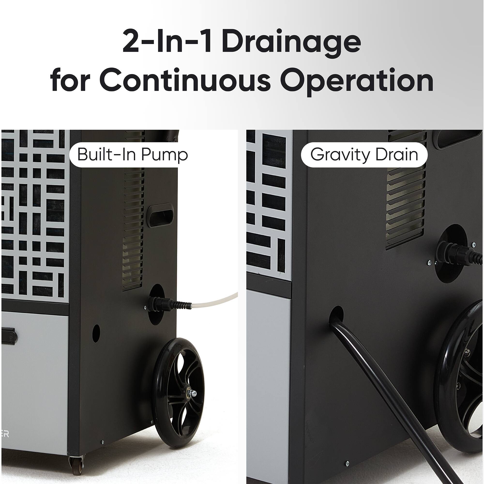 2-In-1 Drainage for Continuous Operation  
Built-In Pump  
Gravity Drain