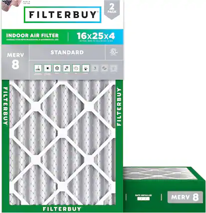 MADE IN THE USA
FILTERBUY
INDOOR AIR FILTER
SUITABLE FOR BOTH RESIDENTIAL & COMMERCIAL USE
16x25x4
ACTUAL SIZE: 15-1/2 x 24-1/2 x 3/8
MERV 8
STANDARD
FILTERBUY
2 PACK
FILTERBUY
DATE INSTALLED
MERV 8