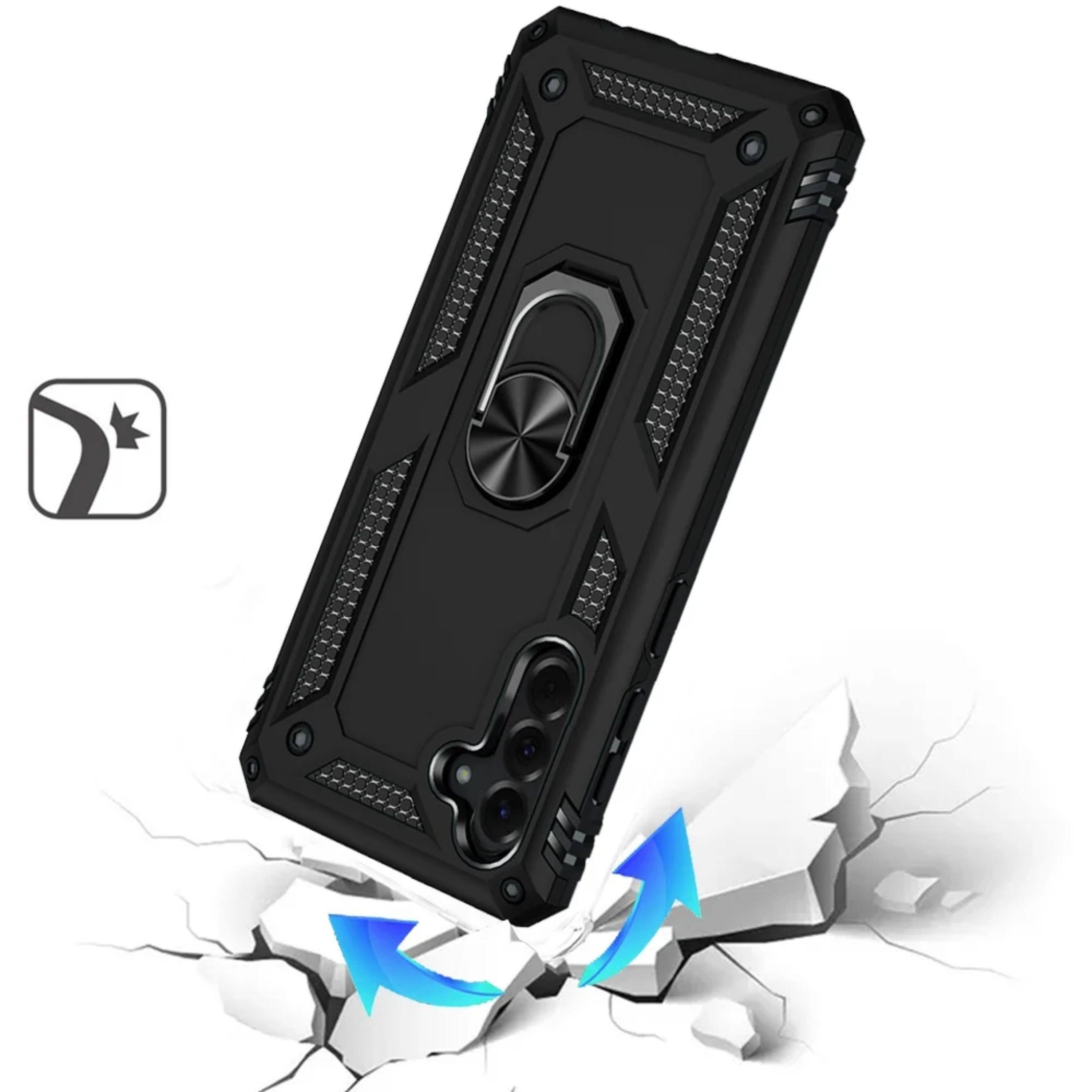 Angle. Kitcheniva - Metal Ring Kickstand Hybrid Phone Case With Tempered Glass For Samsung Galaxy A57 5G Red - Purple and Black.