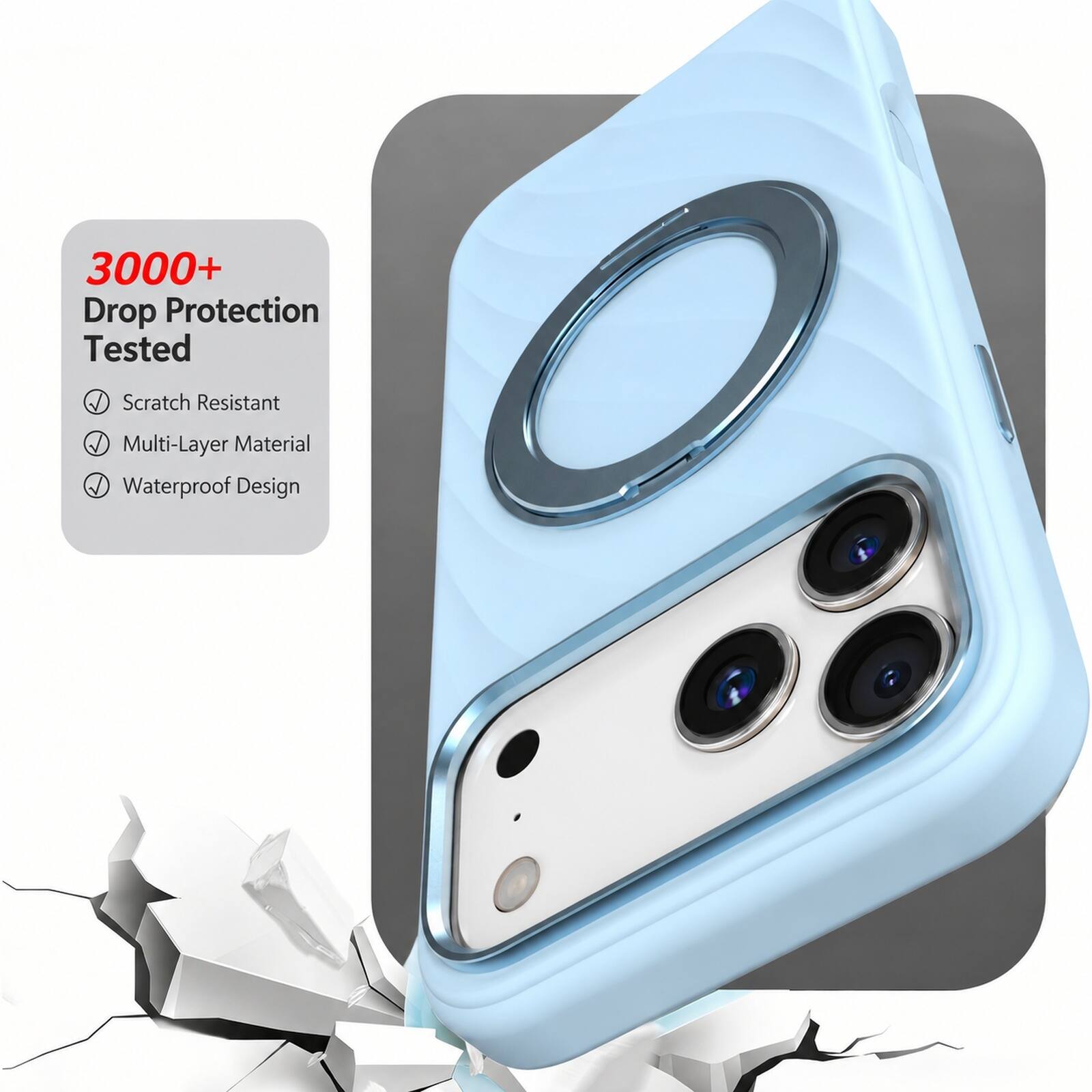 3000+ Drop Protection Tested  
Scratch Resistant  
Multi-Layer Material  
Waterproof Design