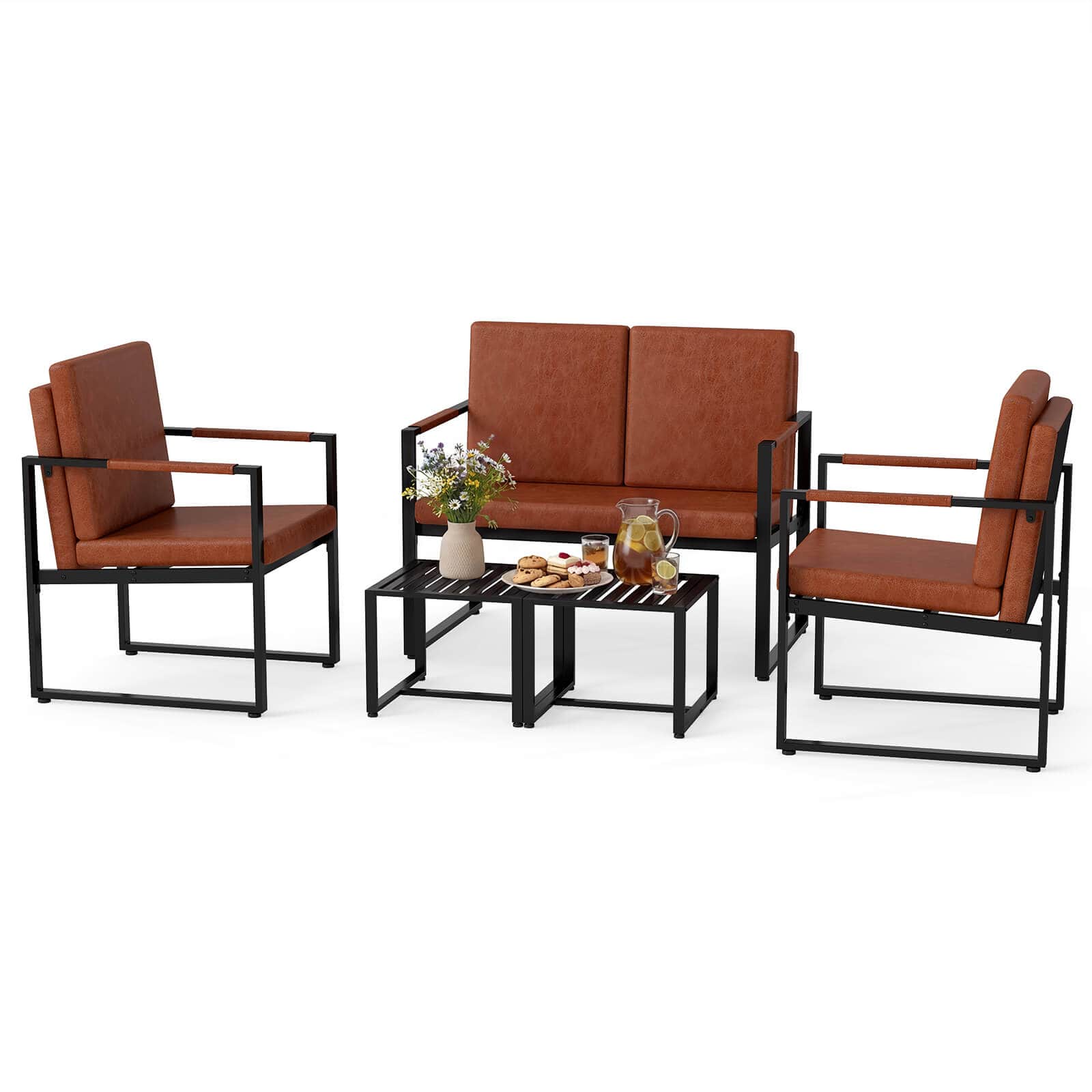 Costway - 5 PCS Living Room Set with Loveseat, 2 Accent Chairs, 2 Coffee Tables, Cushions - Brown + Black