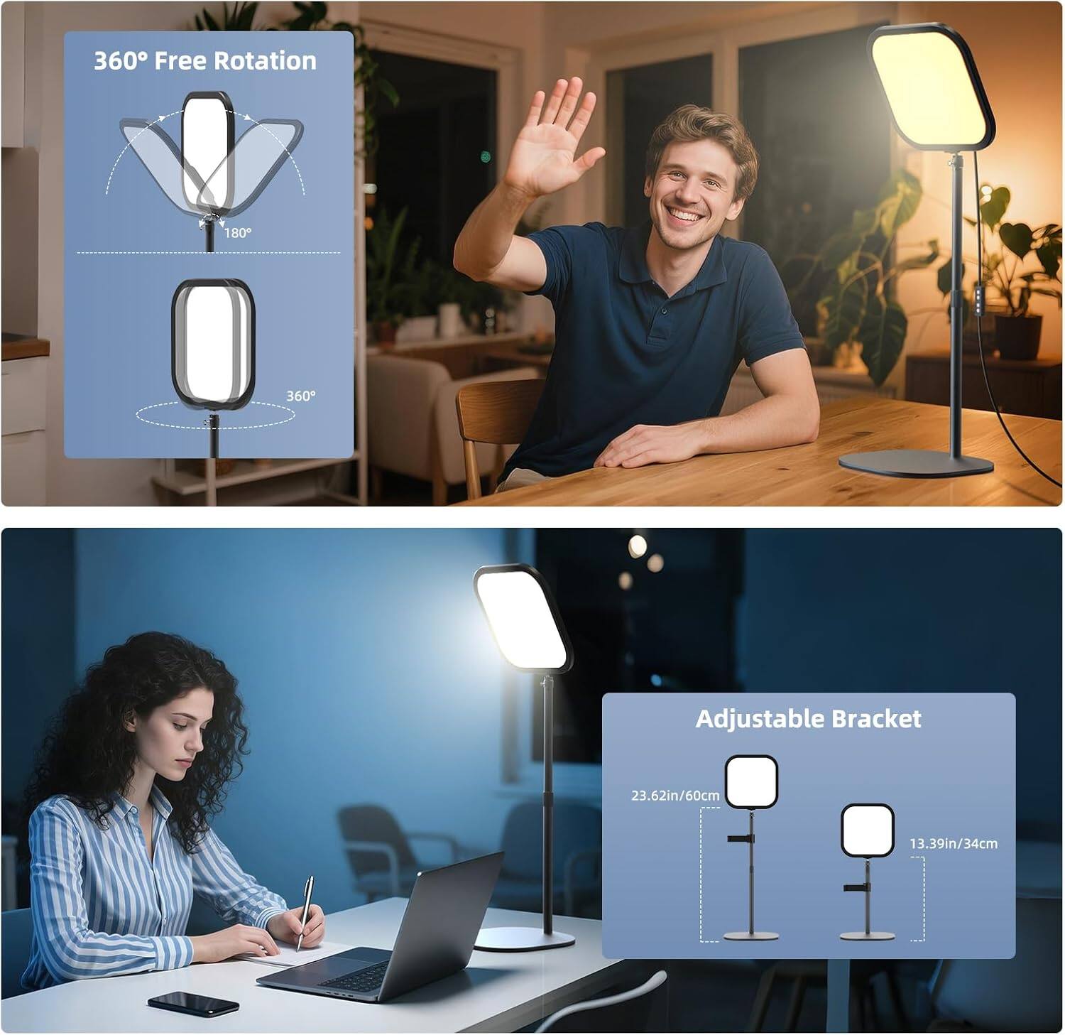 360° Free Rotation  
180°  
360°  

Adjustable Bracket  
23.62in/60cm  
13.39in/34cm