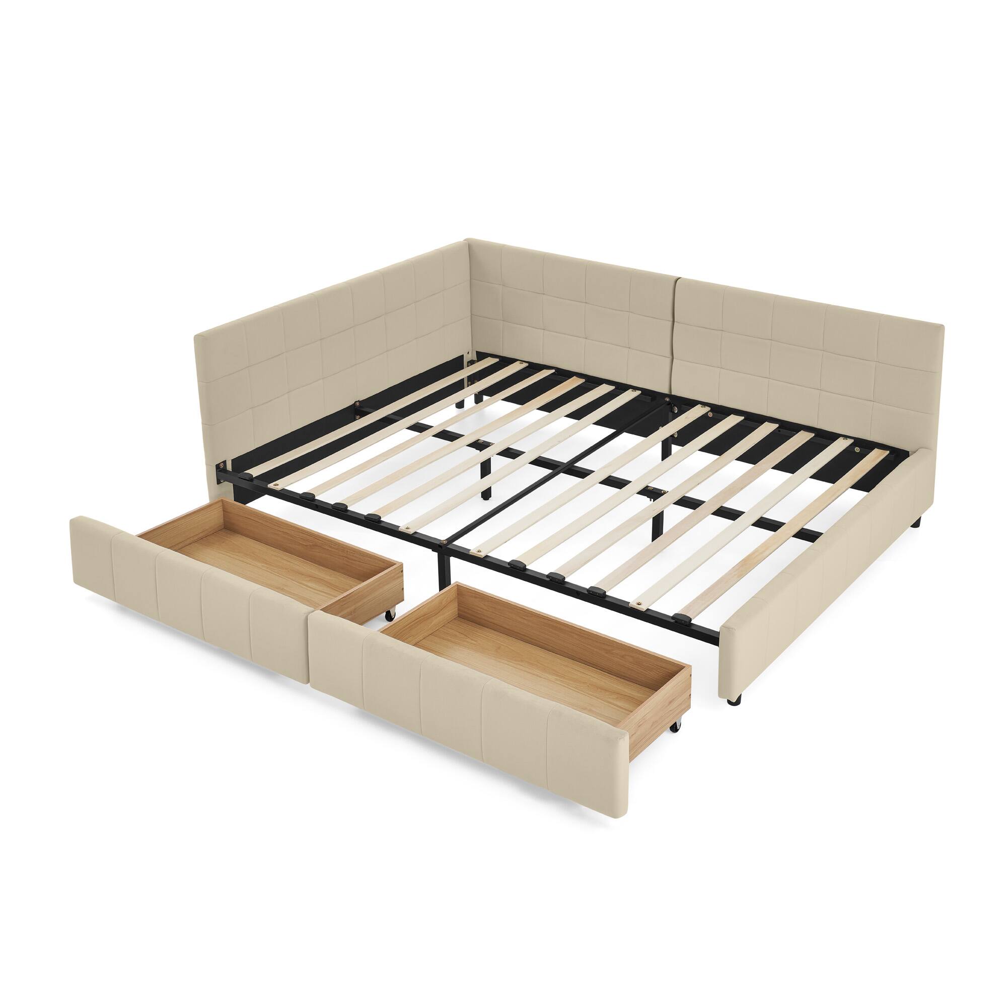 Alt View 4. Anysun - Full Size Velvet Tufted Storage Bed Frame - Sofa Bed with Backrest & Armrests for Bedroom or Living Room - Beige.