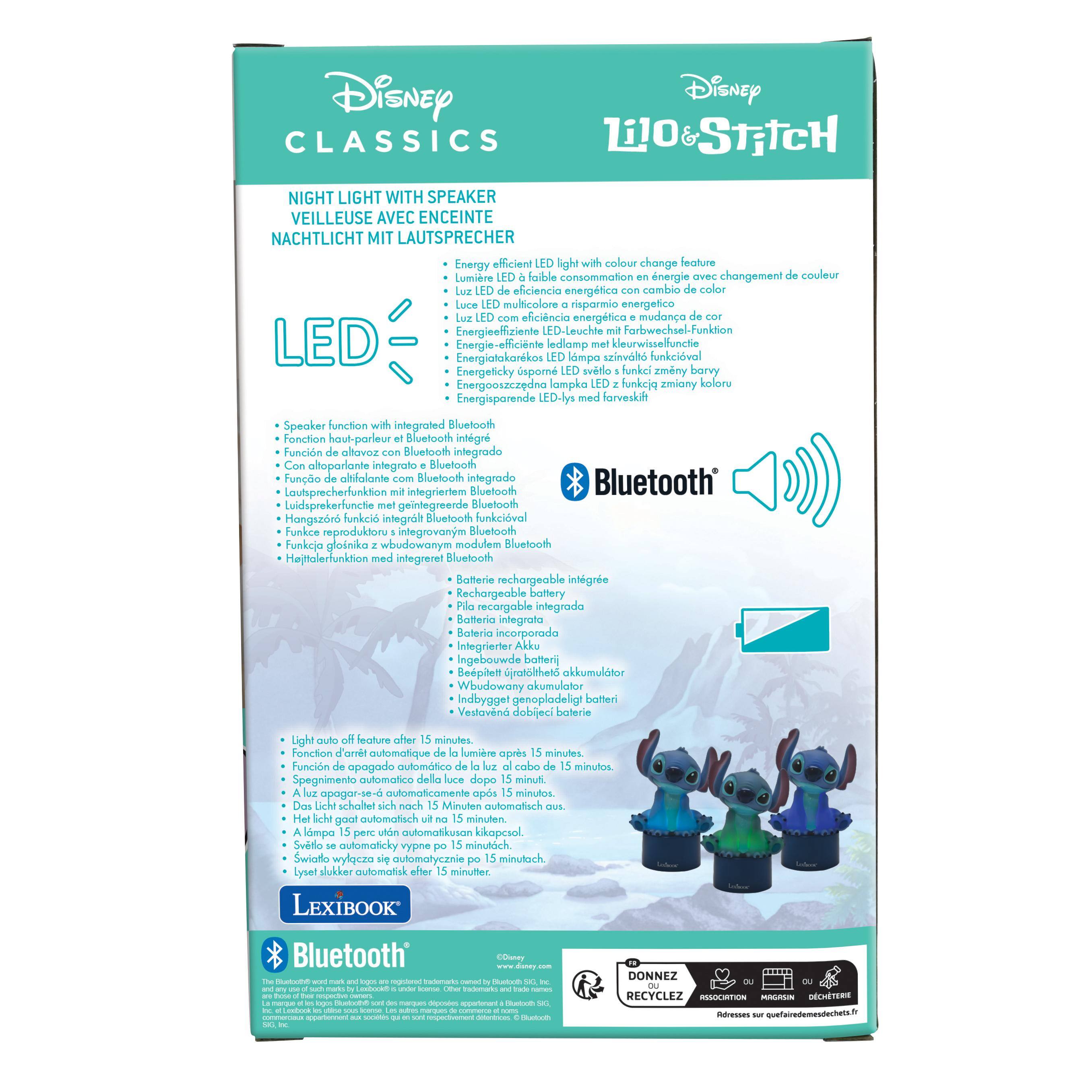 Disney CLASSICS Lilo & Stitch NIGHT LIGHT WITH SPEAKER VEILLEUSE AVEC ENCEINTE NACHTLICHT MIT LAUTSPRECHER

Energy efficient light colour change feature
- LED light with colour change feature
- Lumiére LED à faible consommation énergétique avec changement de couleur
- Luz LED con bajo consumo energético cambio de color
- Energieeffiziente LED-Lampe mit Farbwechsel-Funktion
- Energy-efficient LED light with colour change feature
- LED-Lampa s nízkou spotřebou energie s funkcí změny barvy
- Energiotokarkos LED-lyso, mennyi energiát használ
- Energooszczędna LED-lampa, kolorváltoztatós funkció
- Energeticky šetřičná LED-lampa s funkcií změny barvy
- Energiesparende LED-lys med farveskift
- LED-Lampa s nízkou energie spotřebou a funkcí změny barvy

Speaker function with integrated Bluetooth
- Fonction haut-par