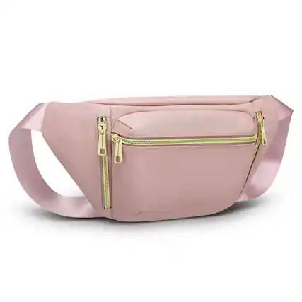 Front. Unique Bargains - Crossbody Fanny Pack with 5-Zipper Pockets Waterproof Nylon Anti Theft Waist Bag for Women Men for Sports Traveling - Pink.