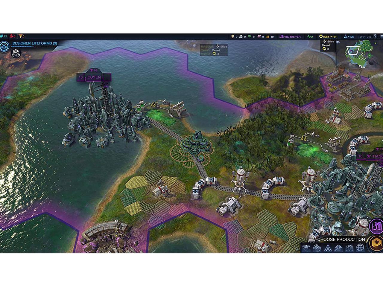 12 DESIGNER LIFEFORMS (9)  
Resource: Silica  
Terrain: Desert  
Pop: 11  
10: 406 400 (+37)  
2: 9954 (+161)  
Silica Desert  
3  
TURN 215  
13 QUYEN  
16 TIANO  
CHOOSE PRODUCTION