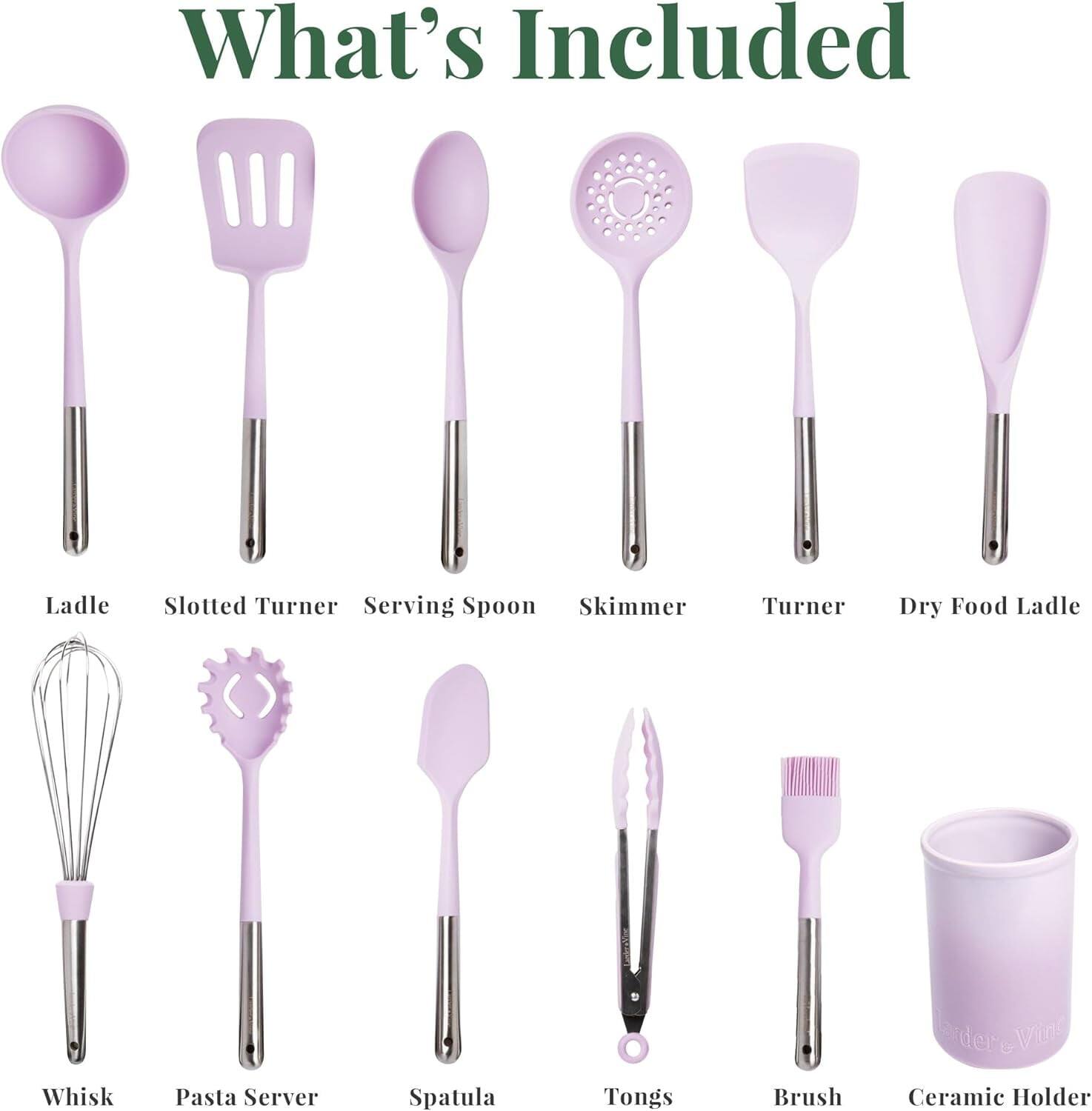 What's Included

- Ladle
- Slotted Turner
- Serving Spoon
- Skimmer
- Turner
- Dry Food Ladle
- Whisk
- Pasta Server
- Spatula
- Tongs
- Brush
- Ceramic Holder