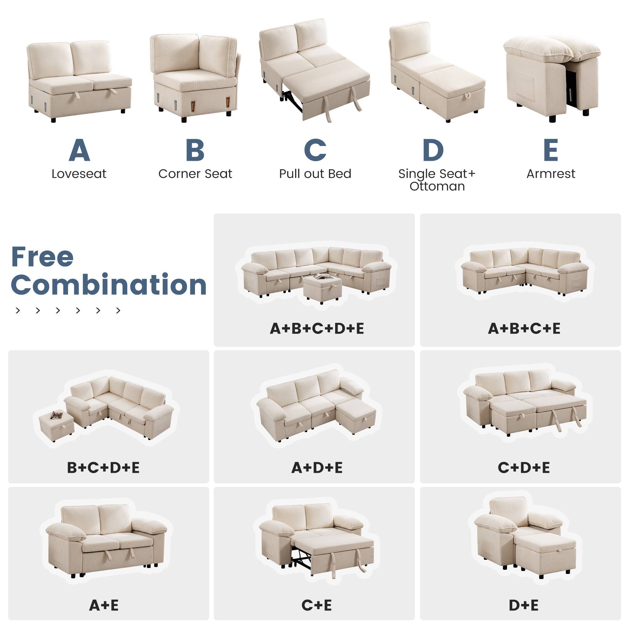 A Loveseat  
B Corner Seat  
C Pull out Bed  
D Single Seat+ Ottoman  
E Armrest  

Free Combination  
A+B+C+D+E  
A+B+C+E  
B+C+D+E  
A+D+E  
C+D+E  
A+E  
C+E  
D+E