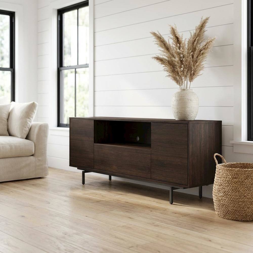 Angle. FurniFact - Walnut Laminate TV Console in Brown with Modern Design and Engineered Wood - Brown.