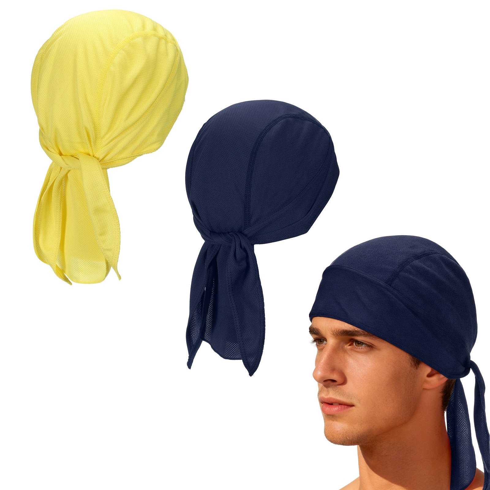 Unique Bargains - Cooling Do Rags, Sweat Wicking Skull Caps, Breathable Motorcycle Head Wrap, 2pcs - For M/W, Cycling/Running/Hiking - Yellow/Navy Blue price history on PriceWatchPro