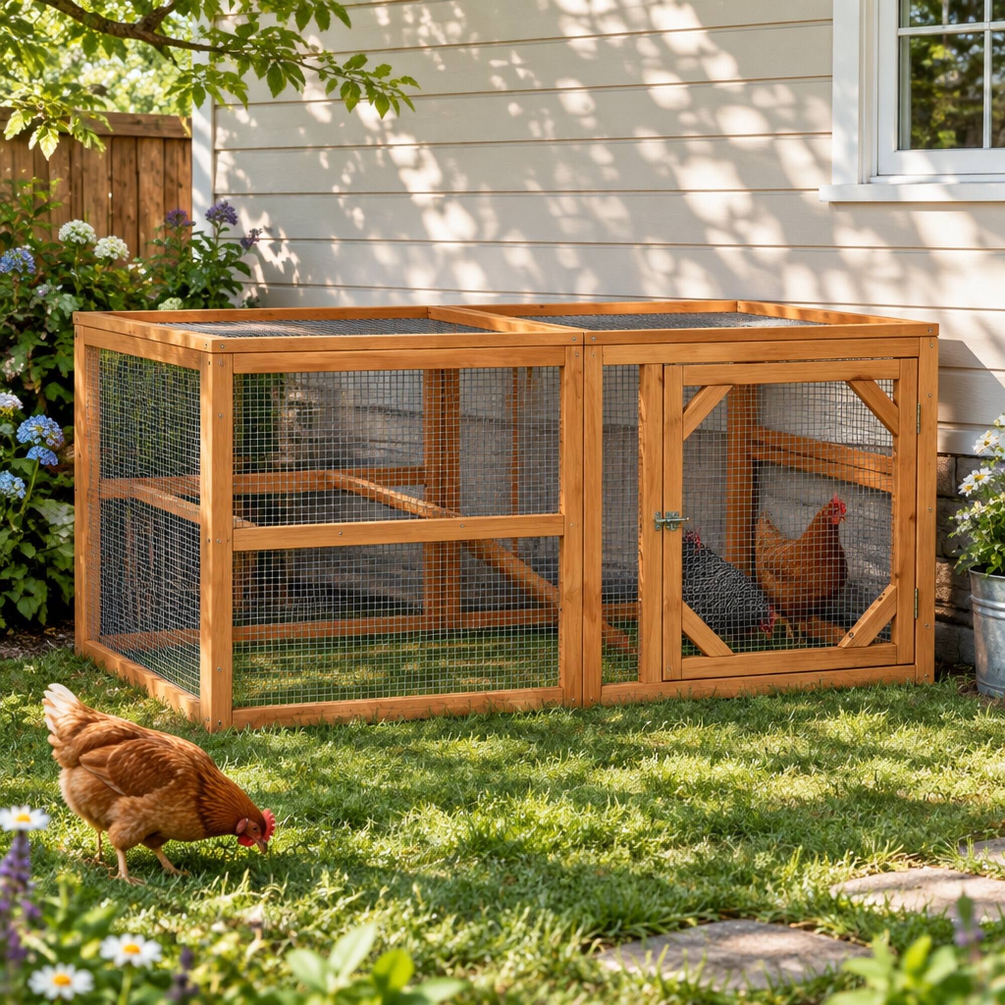 Alt View 1. RYHNUYNE - 55 in Wooden Chicken Coop Expansion, Combinable Run, Climate-Safe Paint, Wire Fencing, 25 in H.