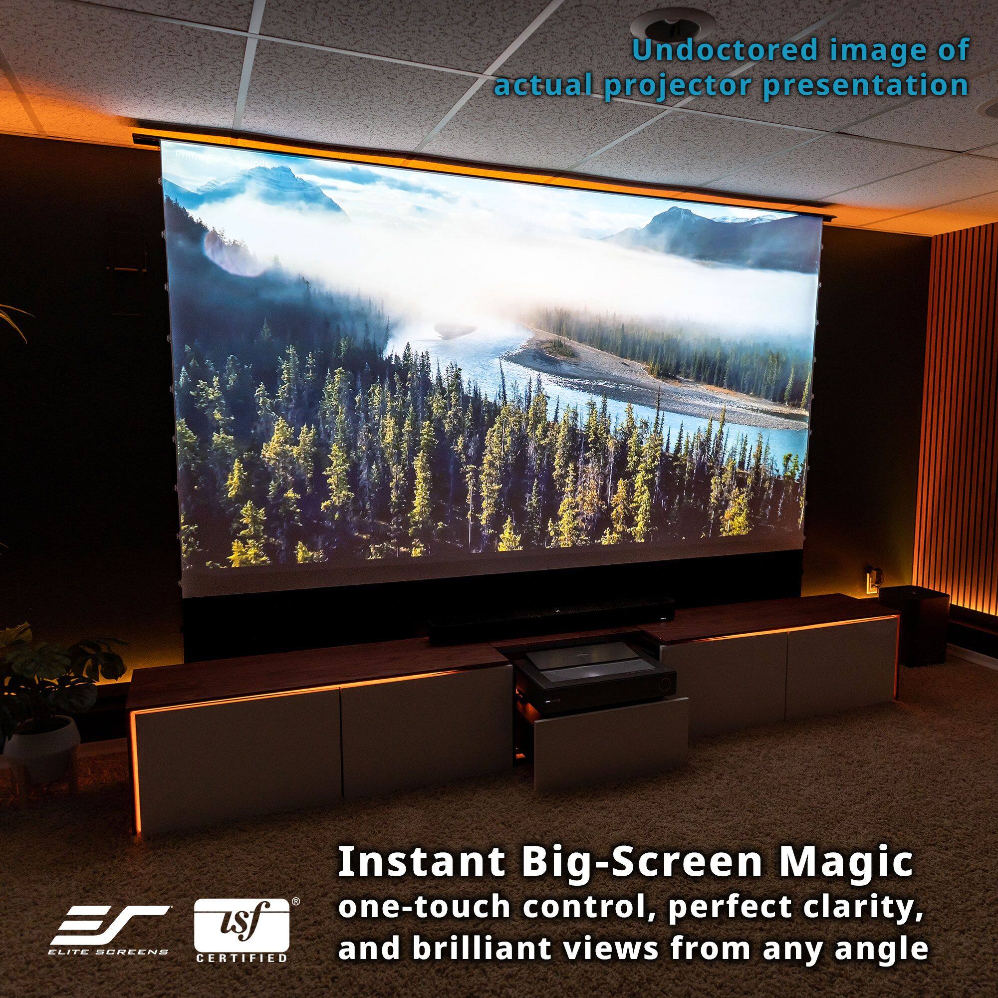 Undoctored image of actual projector presentation

Instant Big-Screen Magic  
one-touch control, perfect clarity, and brilliant views from any angle

ELITE SCREENS  
CERTIFIED