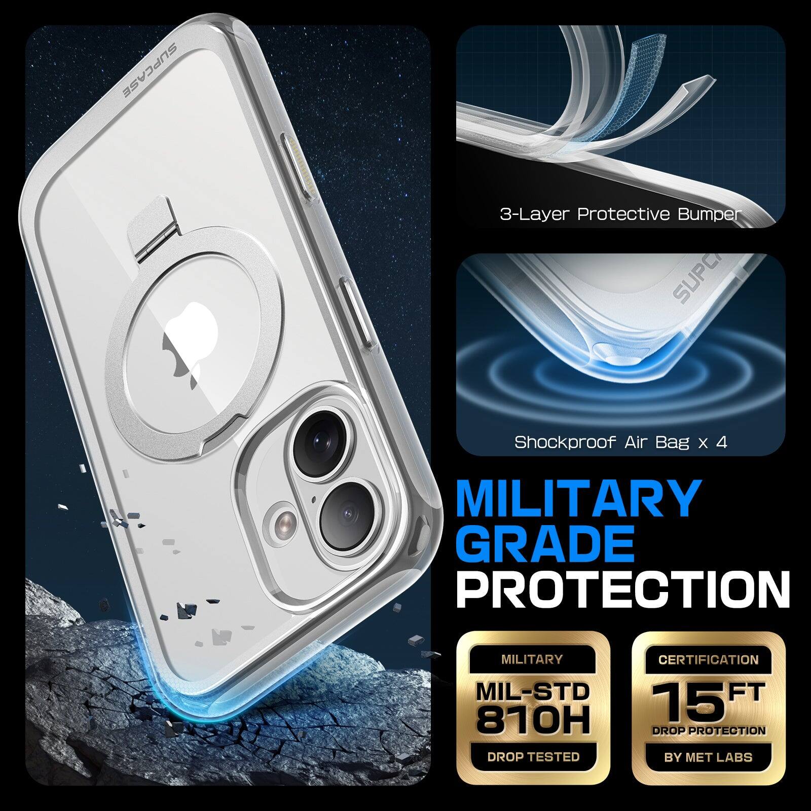 SUPCASE 3-Layer Protective Bumper  
SUPC Shockproof Air Bag x 4  
MILITARY GRADE PROTECTION  
MIL-STD 810H DROP TESTED  
CERTIFICATION  
15 FT DROP PROTECTION BY MET LABS  

3-Layer Protective Bumper  
Shockproof Air Bag x 4  

MILITARY GRADE PROTECTION  

MILITARY  
MIL-STD 810H  
DROP TESTED  

CERTIFICATION  
15 FT DROP PROTECTION  
BY MET LABS