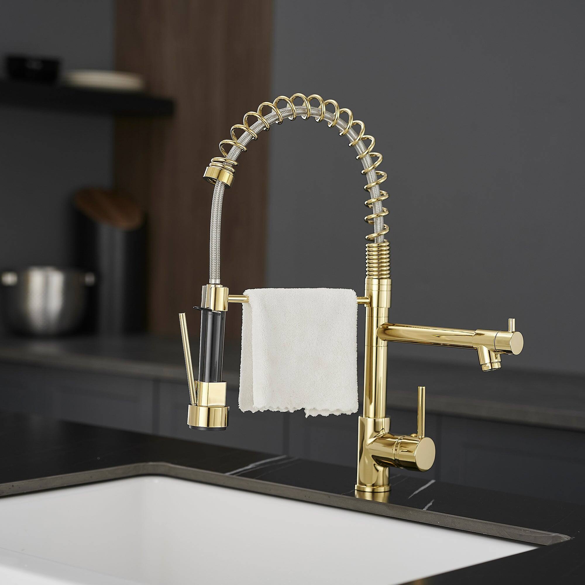 Alt View 5. Boyel Living - Contemporary Single Handle Gooseneck Pull Down Sprayer Kitchen Faucet Brushed Gold - Brushed Gold.