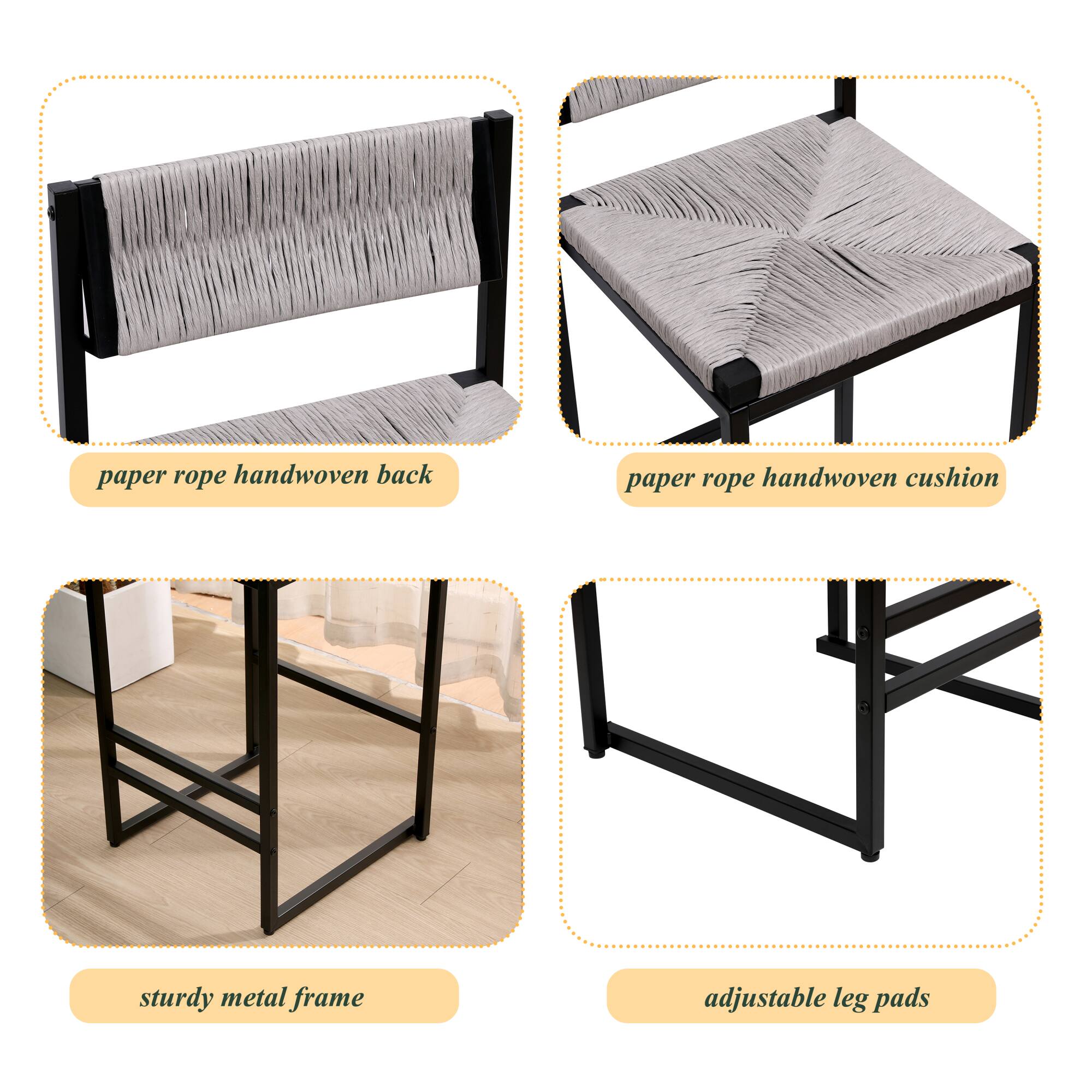 - Paper rope handwoven back
- Paper rope handwoven cushion
- Sturdy metal frame
- Adjustable leg pads