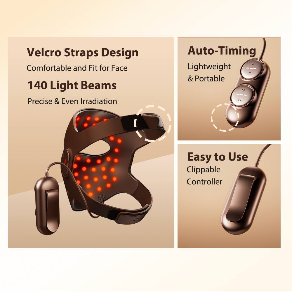 Velcro Straps Design  
Comfortable and Fit for Face  

140 Light Beams  
Precise & Even Irradiation  

Auto-Timing  
Lightweight & Portable  

Easy to Use  
Clipable Controller