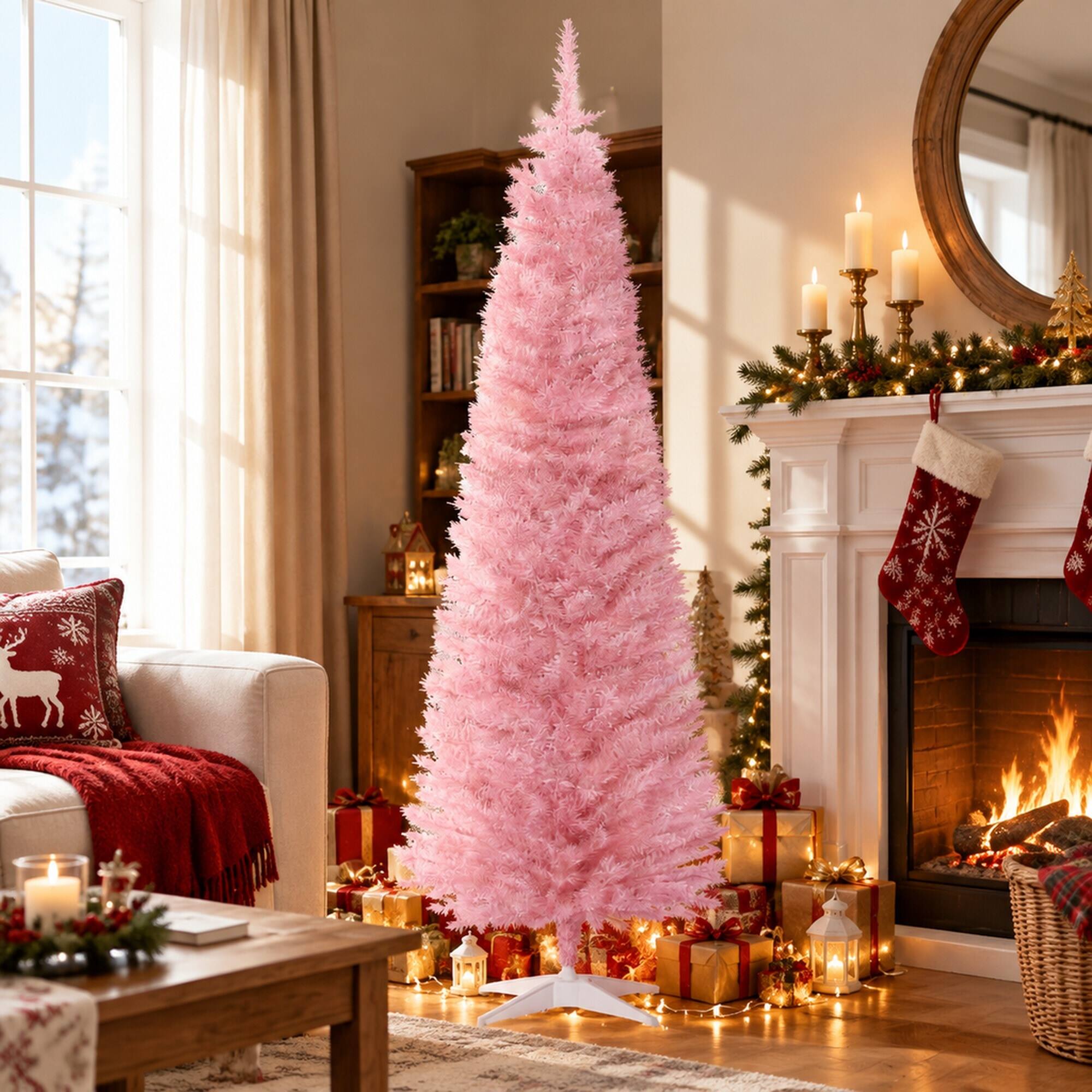 Angle. RYHNUYNE - Pink Pencil Christmas Tree With Snowy Tips and Chic Holiday Style - Pink.