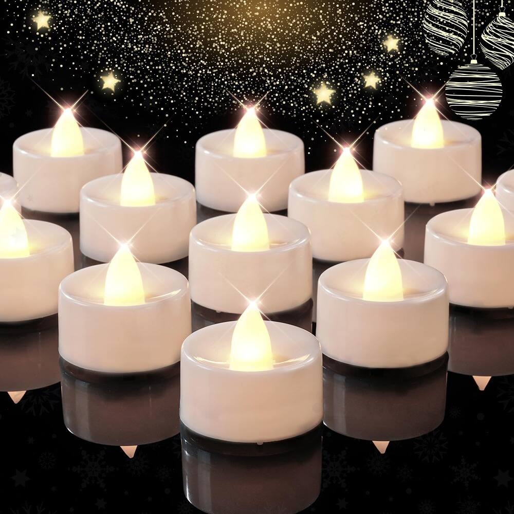 Front. RTMB - 24-Pc Flameless LED Tea Lights, Warm White Flickering, Battery-Operated Decor.