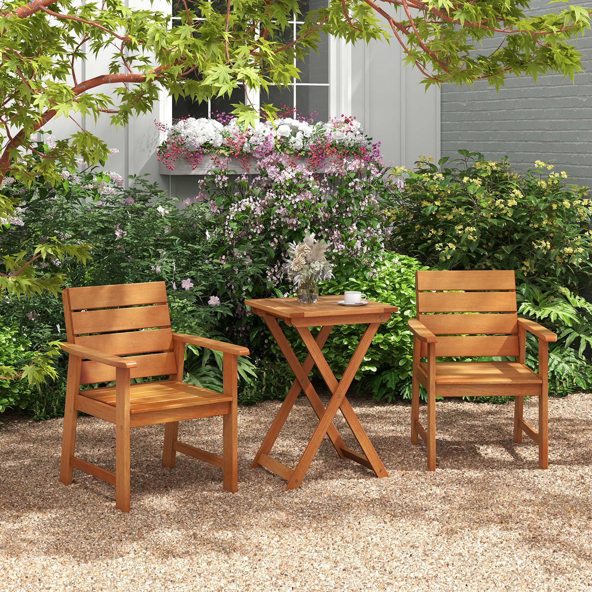 Alt View 1. Costway - 3-PCS Outdoor Wood Bistro Set with 2 Hardwood Chairs & Folding Bistro Table Patio - Natural.