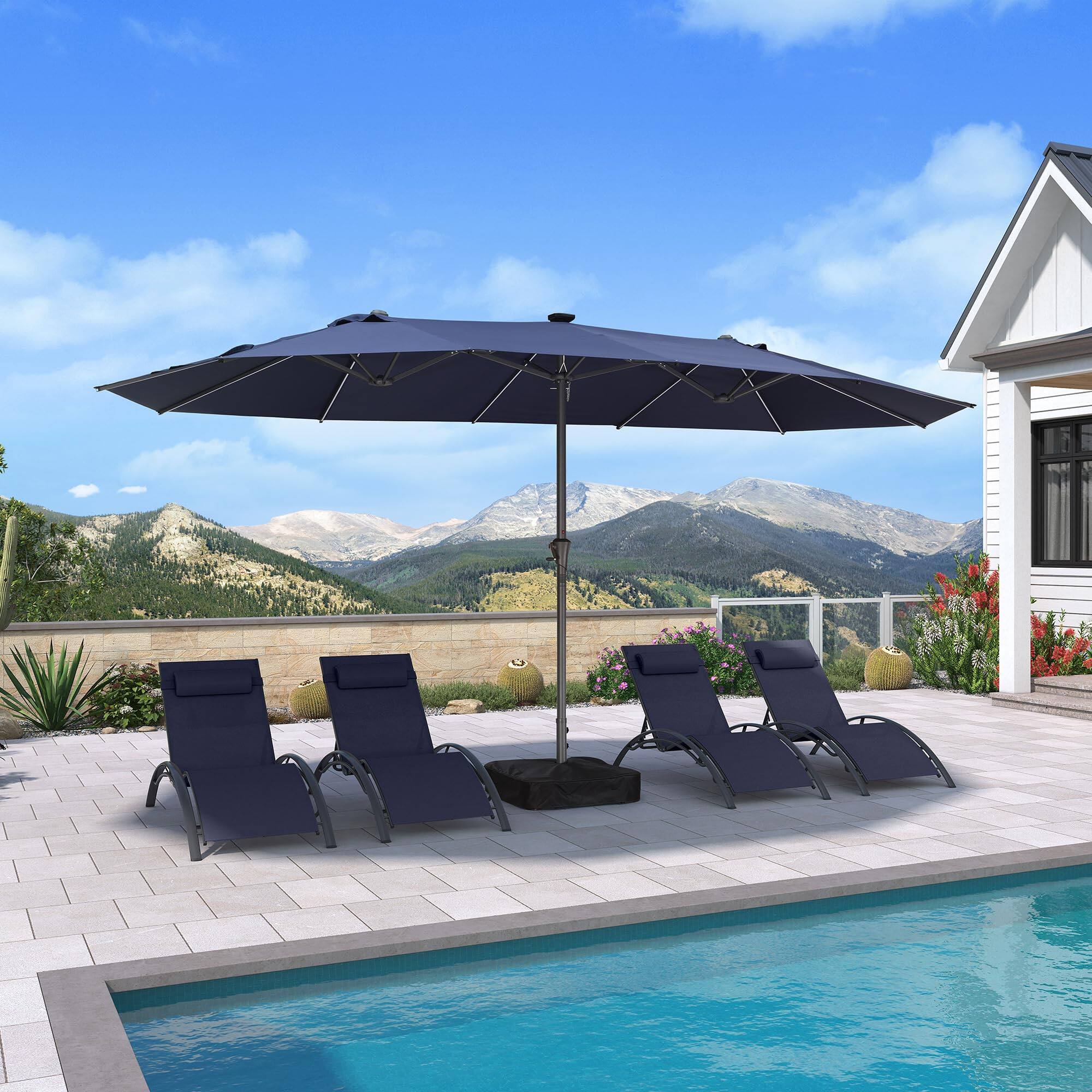 Alt View 1. PURPLE LEAF - 15 ft. Patio Market Umbrella with Solar LED and Base Double-Sided Outdoor Table Sun Umbrellas for Pool Deck Backyard - Navy Blue.