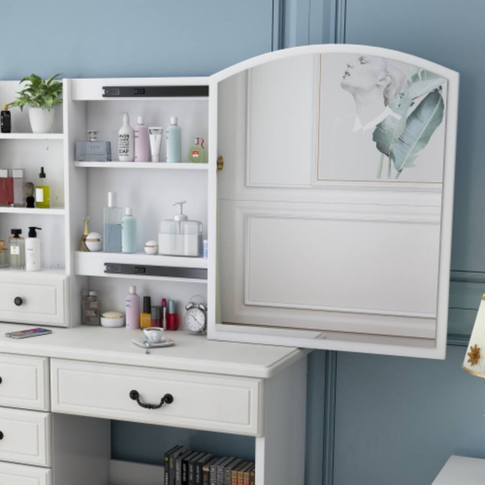 Left. LUCKY ONE - Vanity Desk with Lighted Mirror, 3-Color Adjustable LED and 6 Drawers for Bedroom - White.
