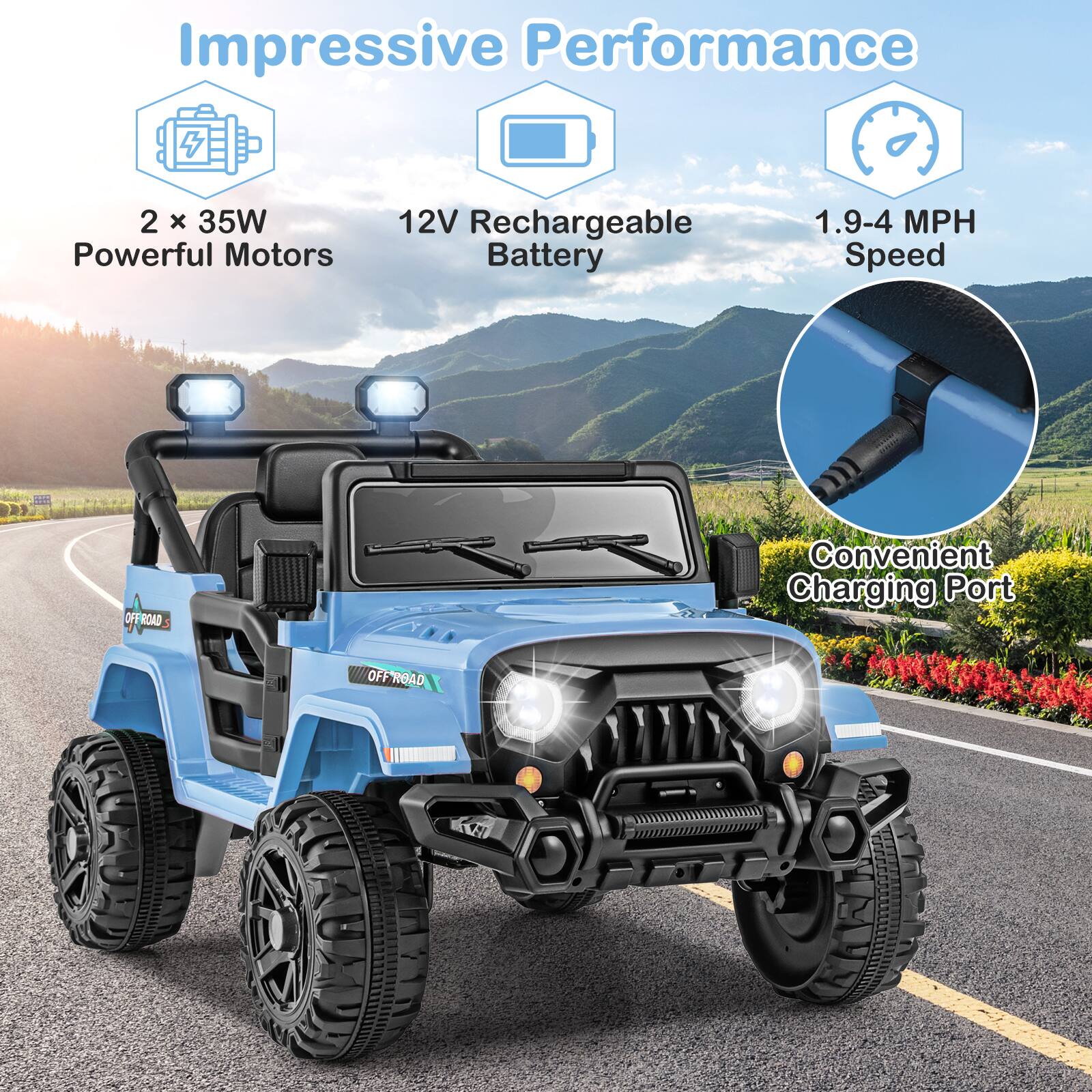 Impressive Performance

2 x 35W Powerful Motors

12V Rechargeable Battery

1.9-4 MPH Speed

Convenient Charging Port
