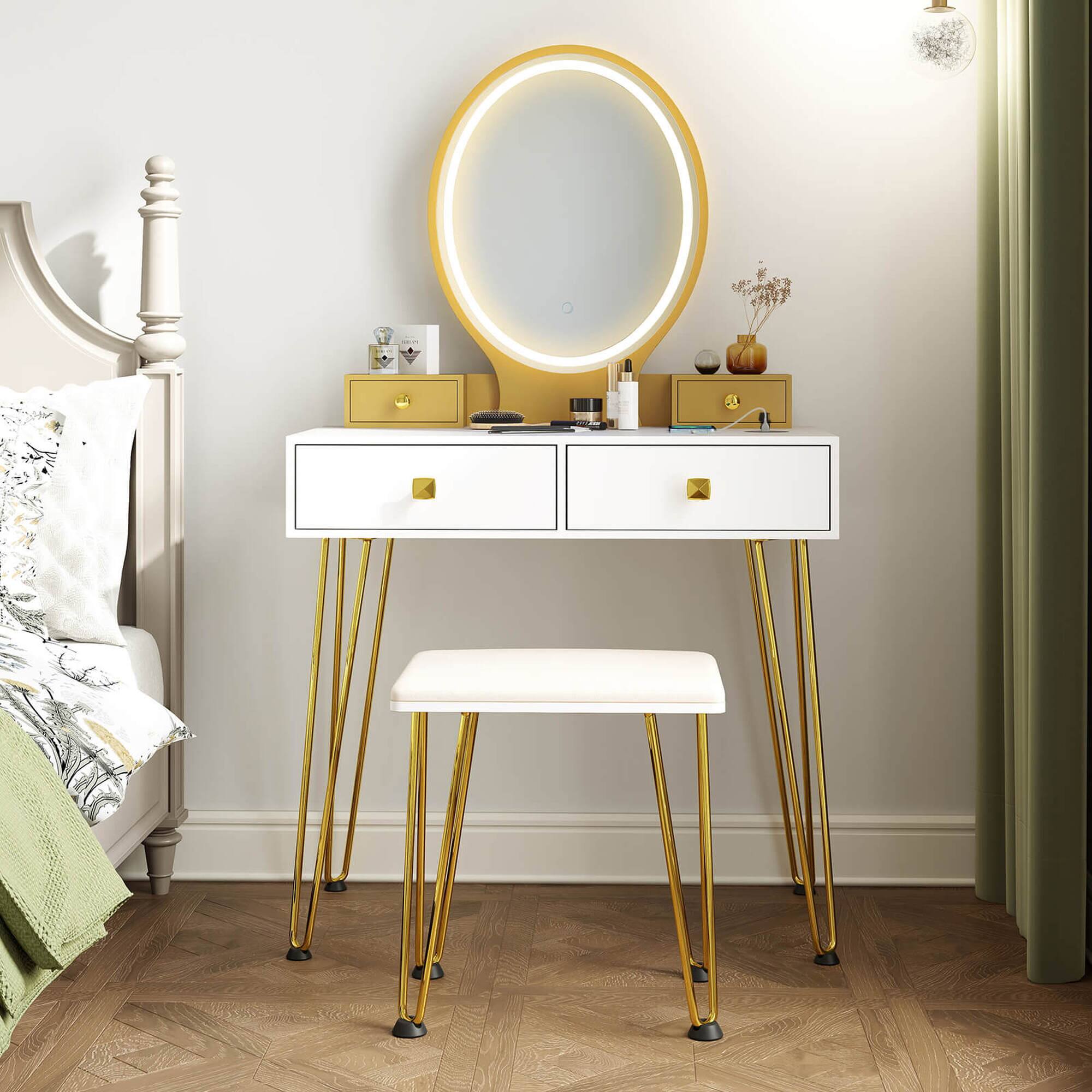 Alt View 2. Costway - Costway Industrial Mirrored Vanity Makeup Dressing Table Padded Stool Set 3-Color Lights - White.