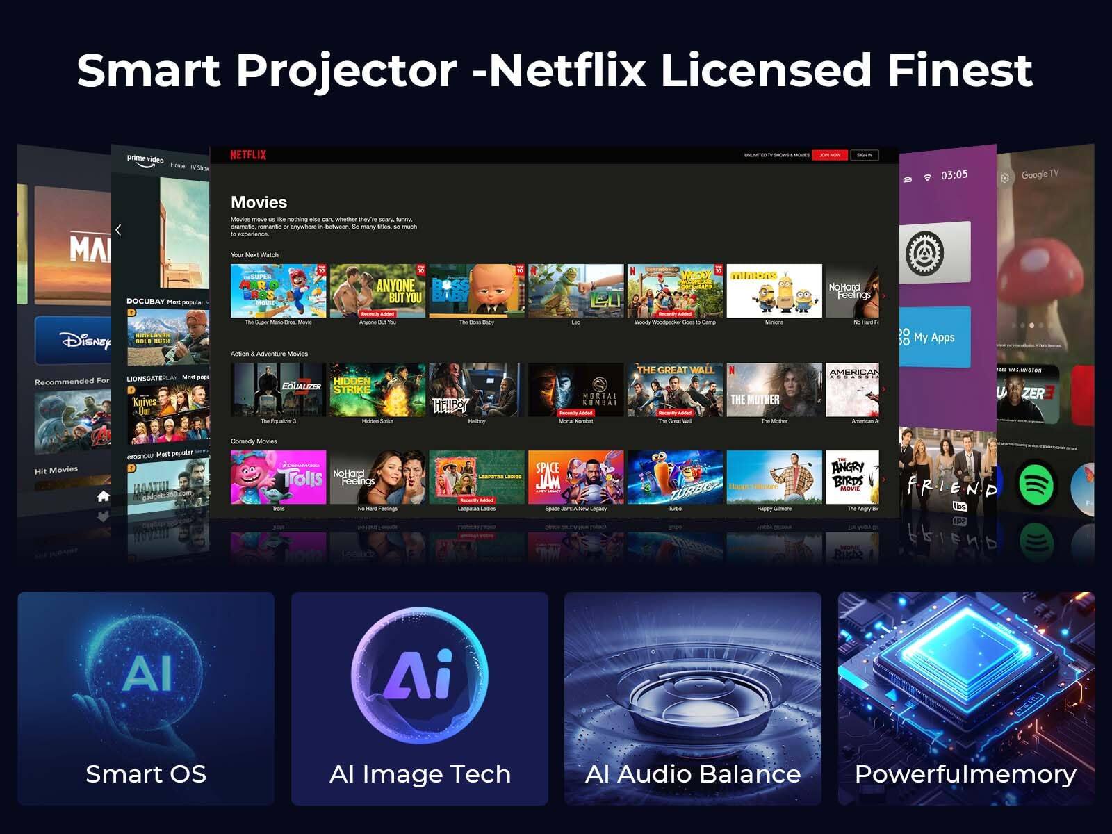 Smart Projector - Netflix Licensed Finest

prime Wales

NETFLIX

03:05

Google TV

MA DOCUBAY

- popular Movies

Motes mave - d nothing ana san.

stuma tey - sry funns mamuna remanta - anywhere i nutusan Se many sus - mu - experience

SexT Matos

ANYONE BUT YOU

EU WEO NUTlalNN

NoHard Feelings

DiSNey

.... S

Spus

Moue Acton

1 Auventiume Mouies B

- - Bow Bay Las

- - Goes

1O My Apps

Recommended Far

ONSGATE Mad pp Kgives Ue

HIDDEN

EQUALIZER STRIKE

-e  1 A 1

HELLBAY

Heby

NORIAL KSMBAI

Muta

THE GREAT WALL

Td N THE MOTHER

- Mma

AMERICAN

Amtoan a

ZER

Hs Mevies enenou Ment popular

HAATH

Comedy Movies

NoHard

Trolls Feelings

- d Tatng Lattos

SPICE JAM

Spana Legany

ANGRY BIRDS

Anges Busoe

FRIEND

Hbs MPe enb

Al Ai

Smart OS

AI Image Tech

AI Audio Balance

Powerfulmemory