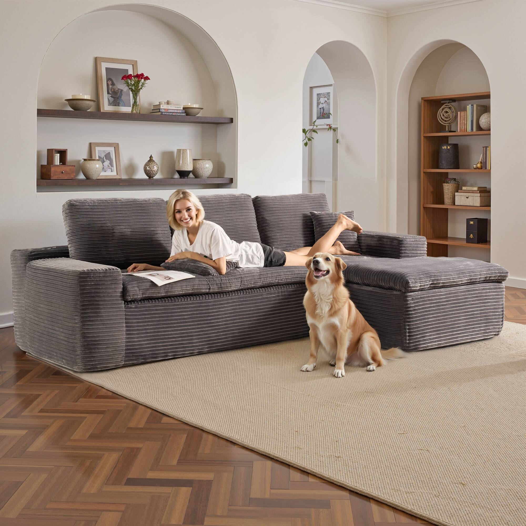 Alt View 2. Ovios - 2 Pieces Cloud Like Sectional Sofa, L-Shaped Couch with Chaise for Living Room - Grey(Plush, Right Facing).