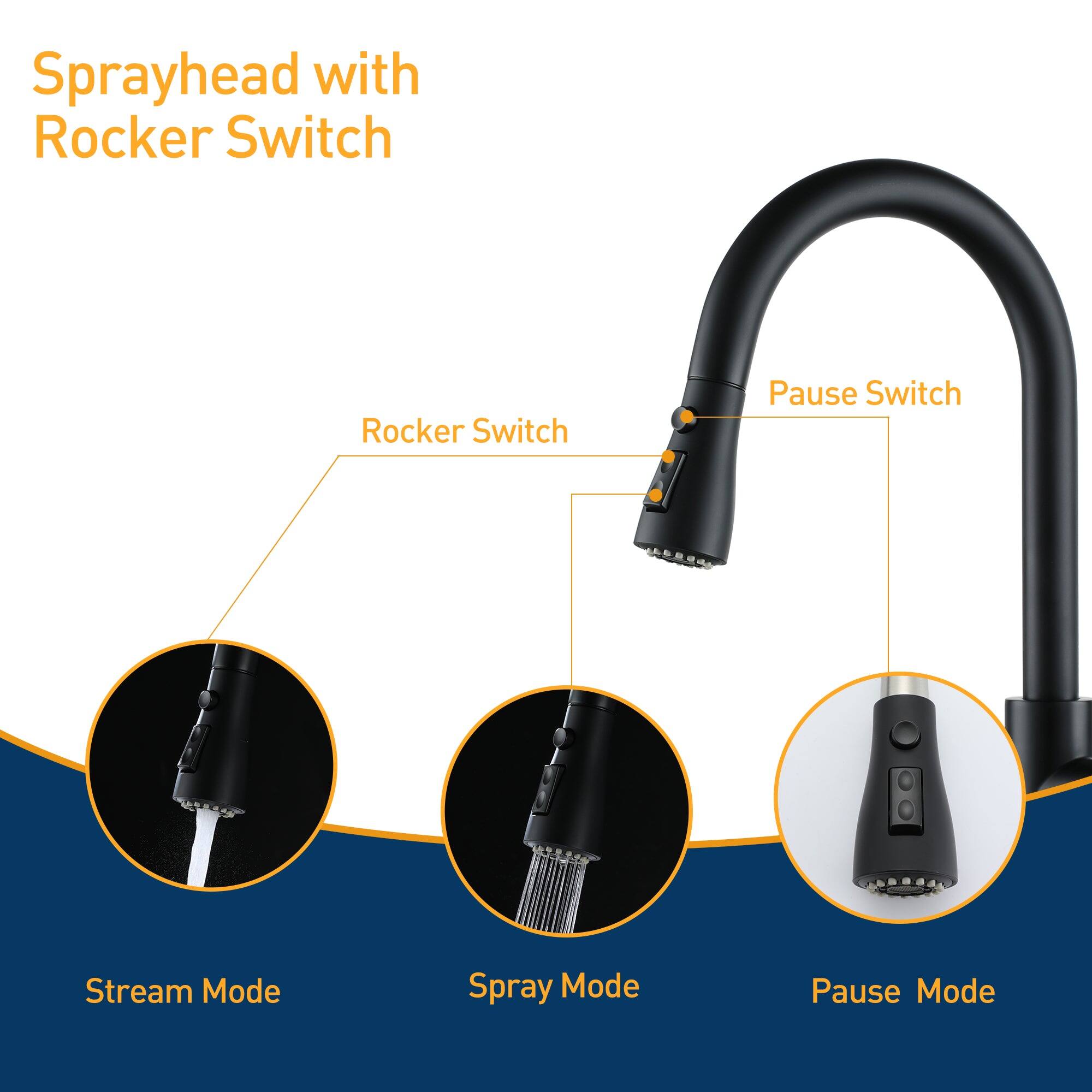 Sprayhead with Rocker Switch, Rocker Switch, Pause Switch, Stream Mode, Spray Mode, Pause Mode