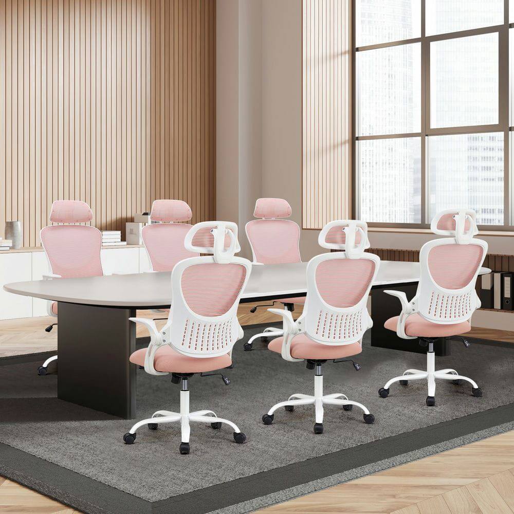 Left. Kadyn - 20" Ergonomic Mesh Office Chair - High Back Swivel Chair with Headrest & Flip-up Armrests for Modern Workspace, Pink - Pink.