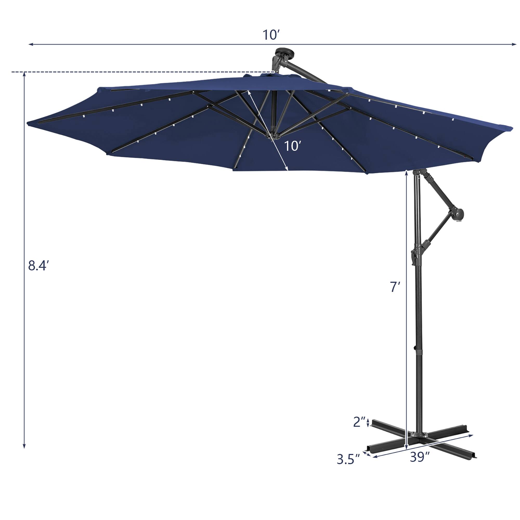 The text on the image reads: 10' 10' 8.4' 7' 2": 3.5" 39". This information is likely related to the dimensions of the blue umbrella. The umbrella has a pole height of 10 feet, and the umbrella itself is 10 feet in diameter. The pole is 8.4 feet tall, and the umbrella is 7 feet in diameter. The umbrella is also 3.5 inches deep, and it has a width of 39 inches.