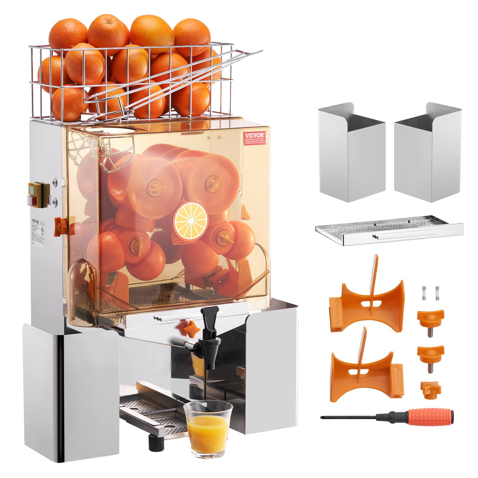 VEVOR - Commercial Orange Juicer Machine, 120W Automatic Juice Extractor with Water Tap, Stainless Steel 20 Oranges/Minute - Orange + stainless steel