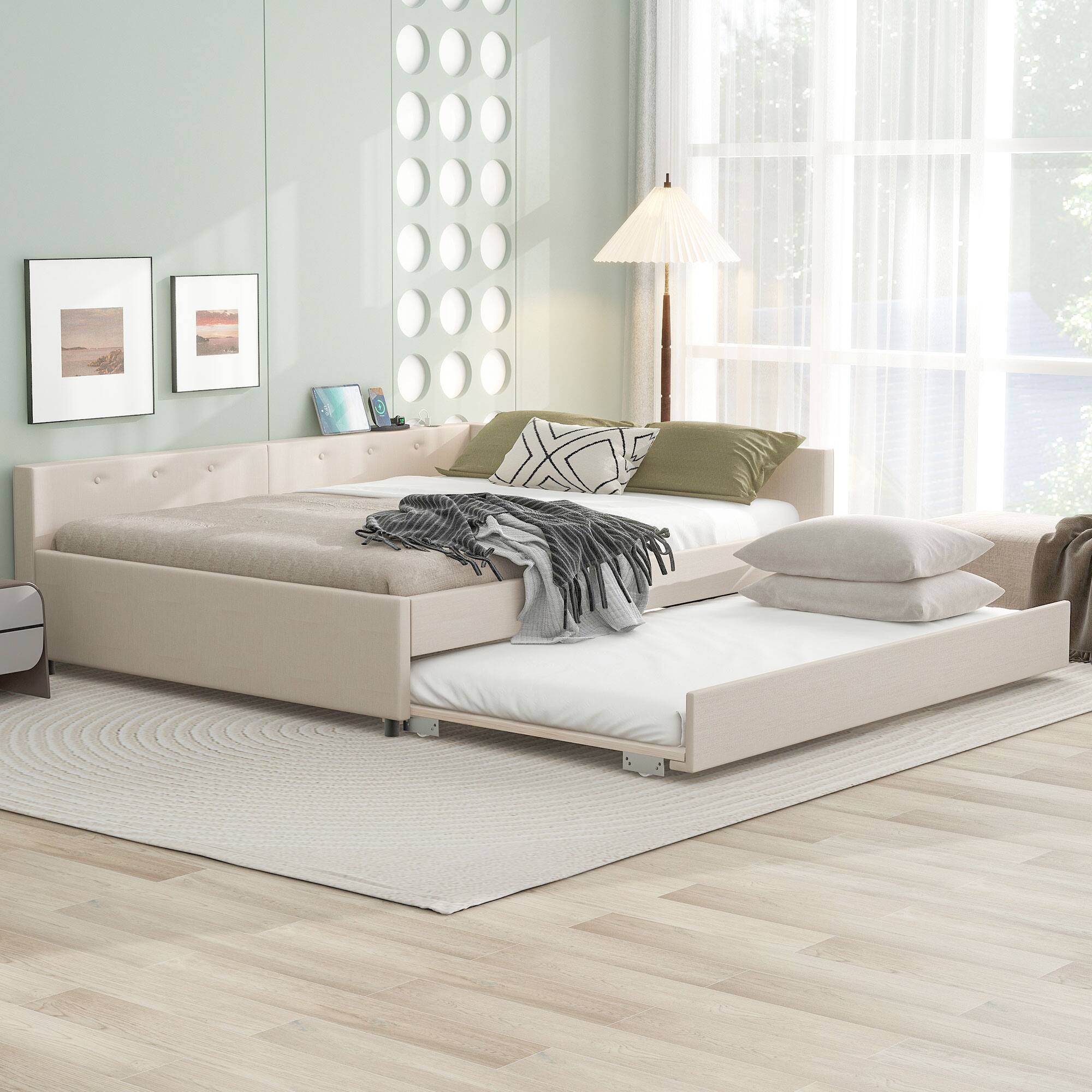 Angle. LUCKY ONE - Queen Size Upholstered Platform Bed with USB and Twin Size Trundle - Beige.