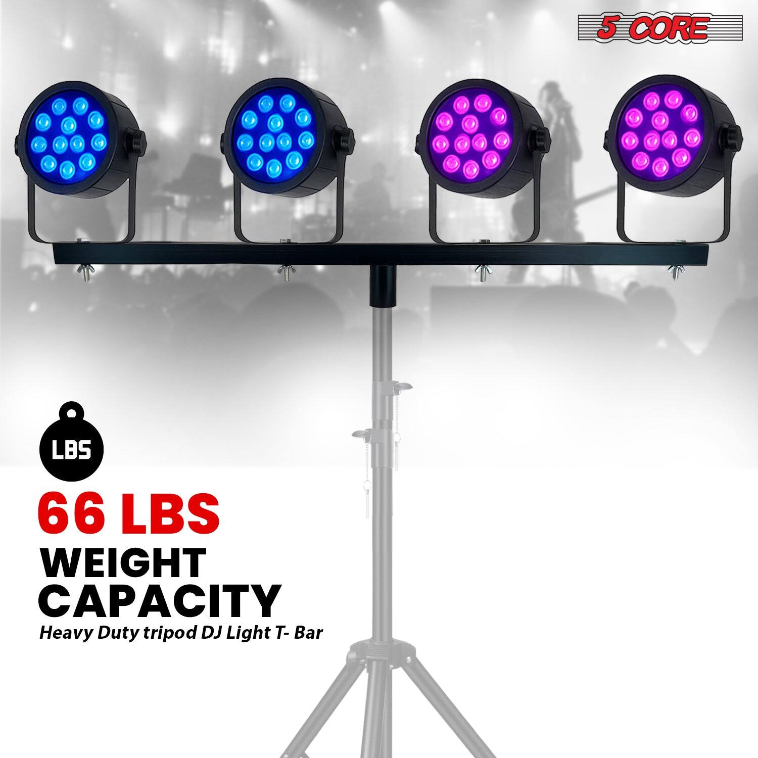 The corrected text is:

"5 CORE I I G O . C 1 C LBS 66 LBS WEIGHT CAPACITY Heavy Duty tripod DJ Light T-Bar"

This appears to be a description of a heavy-duty tripod with a DJ light T-bar, capable of holding up to 66 pounds.