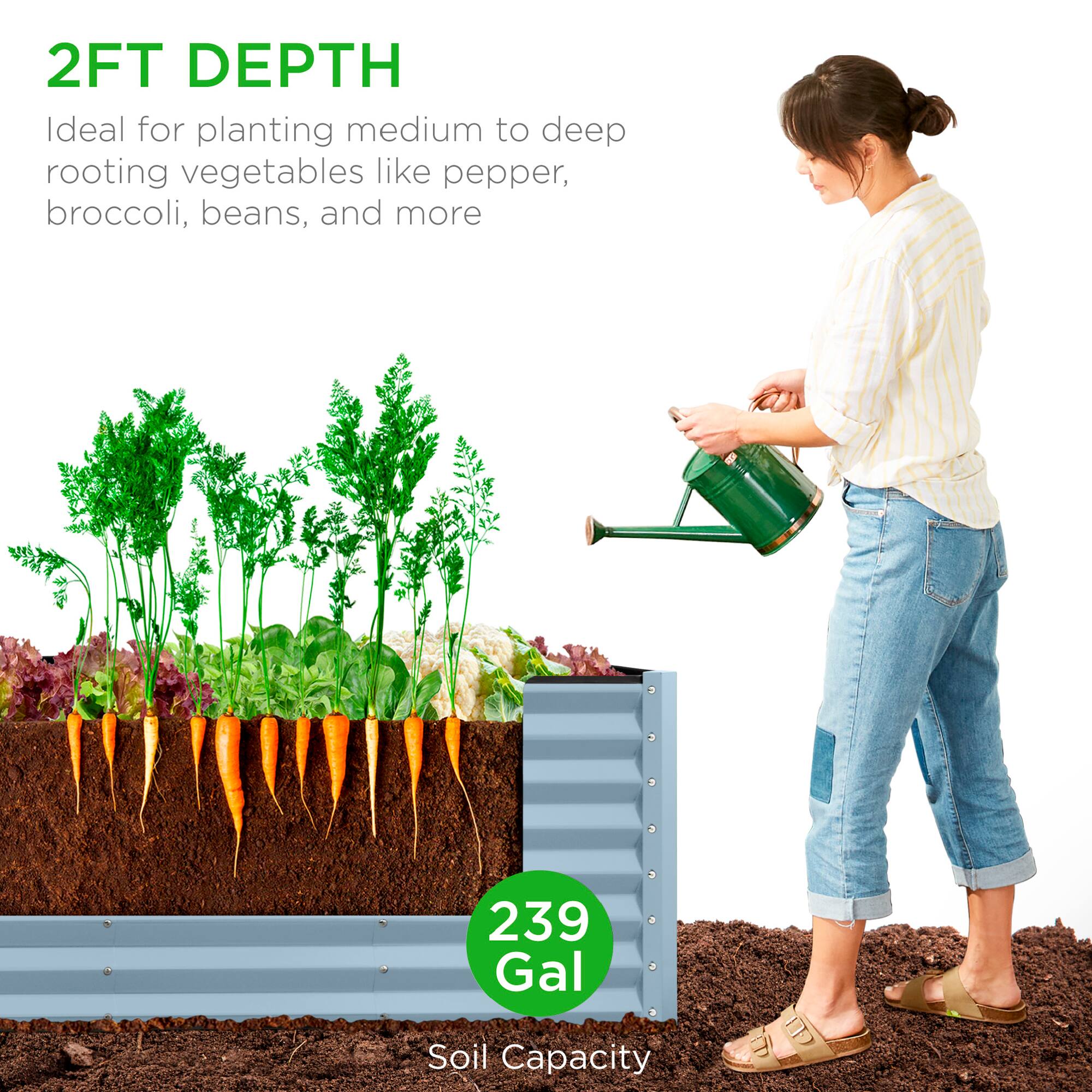 2FT DEPTH  
Ideal for planting medium to deep rooting vegetables like pepper, broccoli, beans, and more  

239 Gal  
Soil Capacity