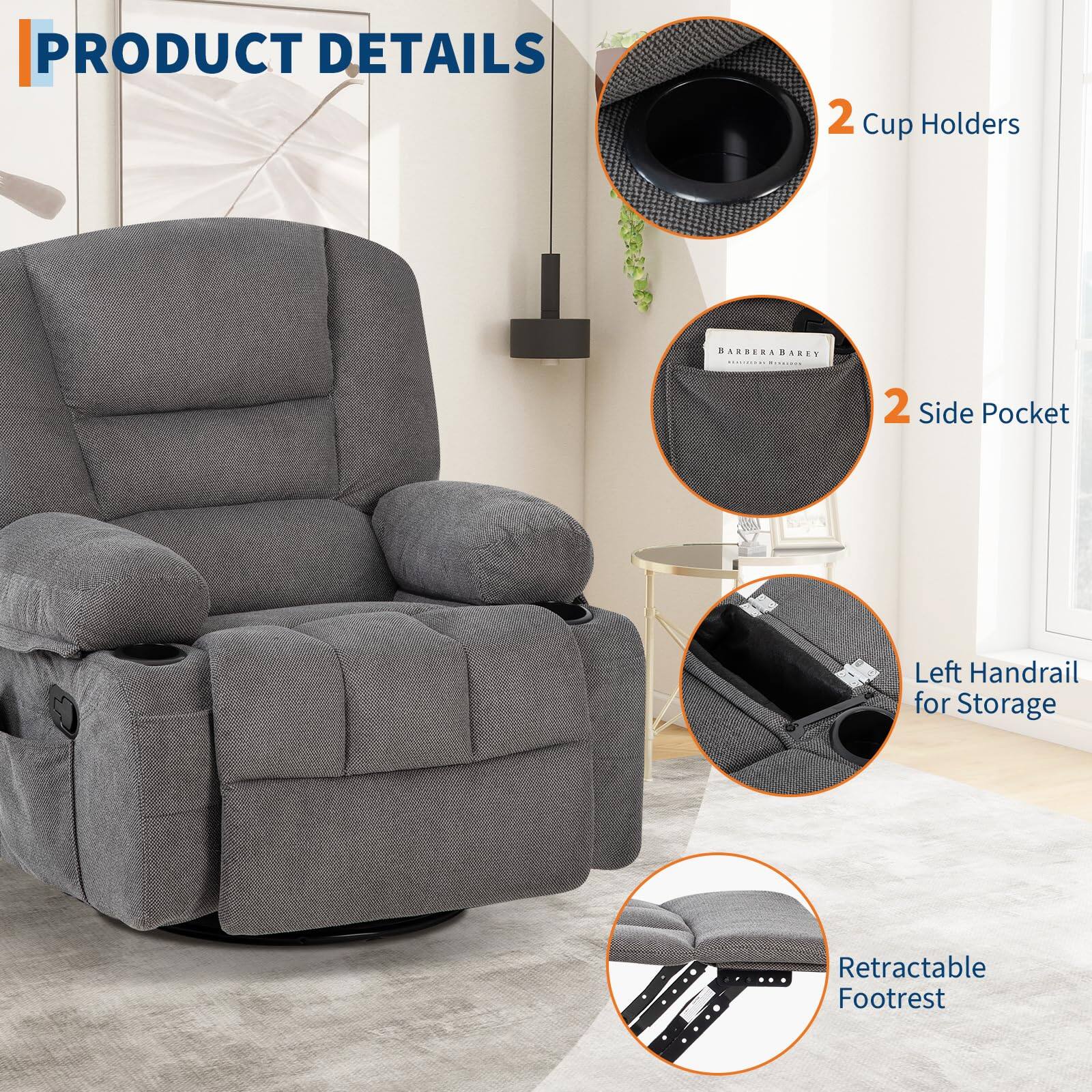 PRODUCT DETAILS

- 2 Cup Holders
- 2 Side Pocket
- Left Handrail for Storage
- Retractable Footrest
