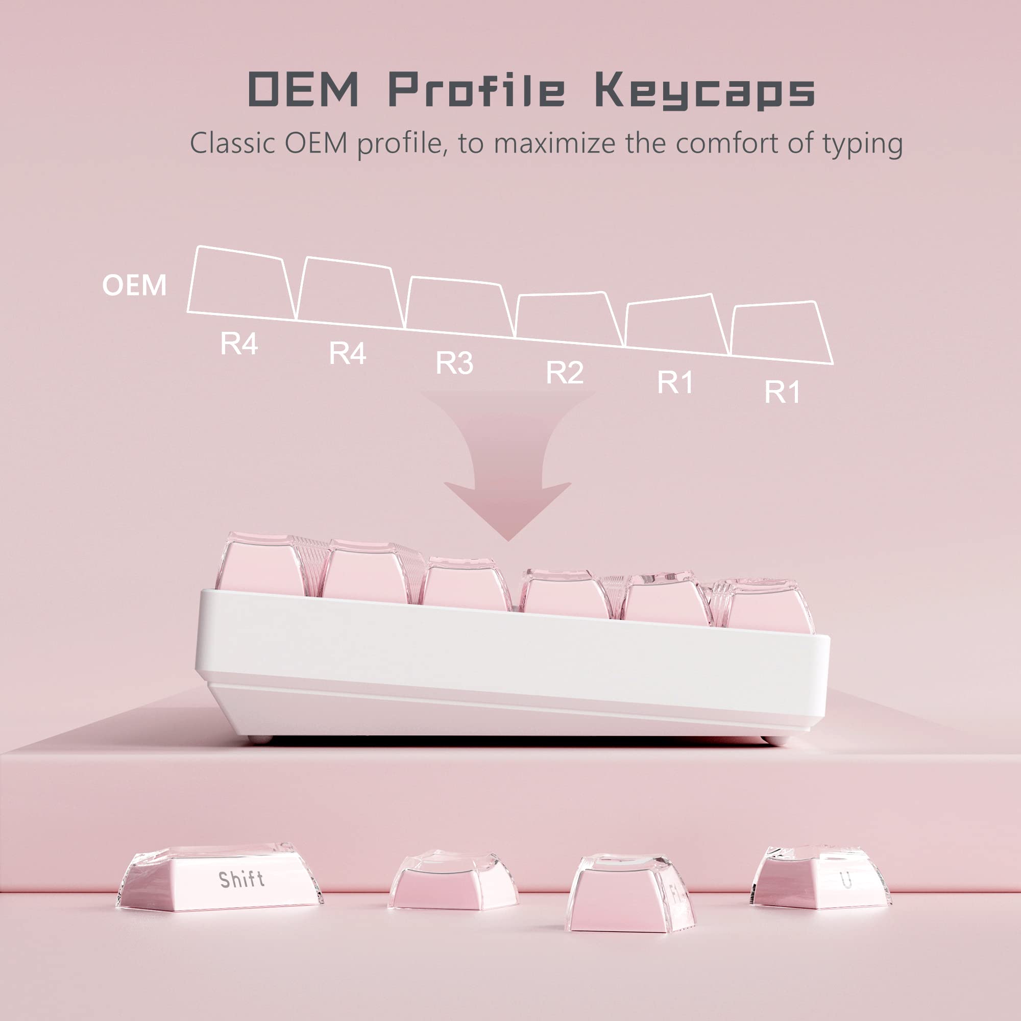 DEM Profile Keycaps  
Classic OEM profile, to maximize the comfort of typing  

OEM  
R4 R4 R3 R2 R1 R1  

Shift