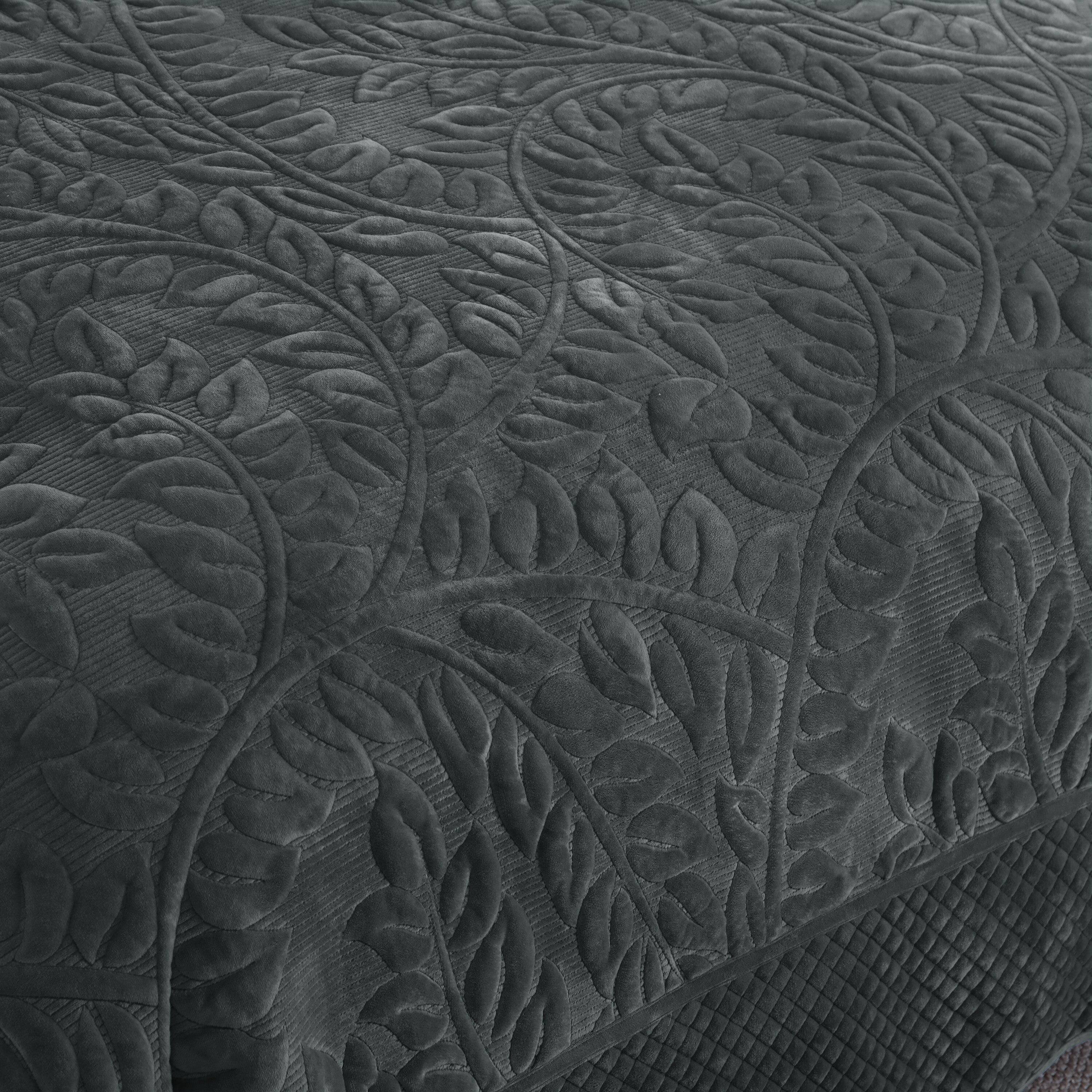 Back. MarCielo - Marcielo 3Pc Luxury Velvet Oversized Embroidery Soft and Plush Quilt Set - Dark Grey.