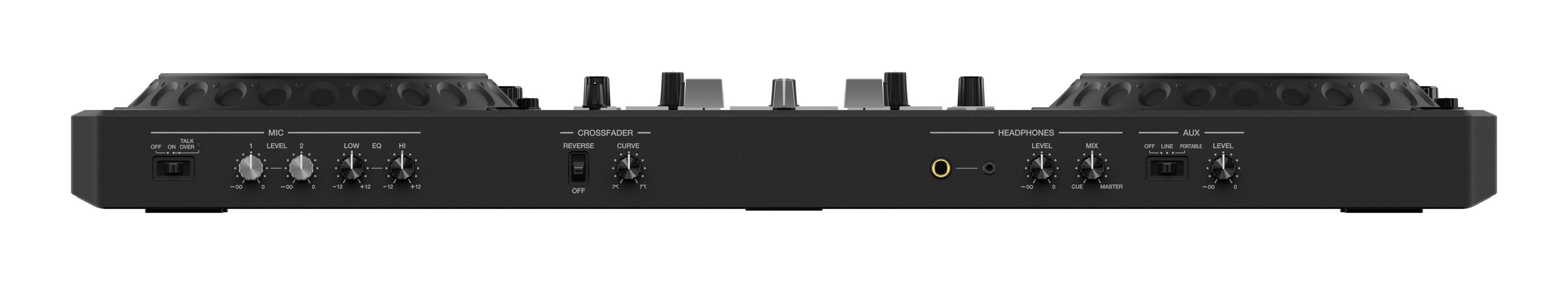 - MIC LEVEL
- LOW EQ HI
- TALK OFF ON OVER
- CROSSFADER REVERSE CURVE
- HEADPHONES LEVEL
- AUX LEVEL
- MIX CUE MASTER
- OFF LINE PORTABLE