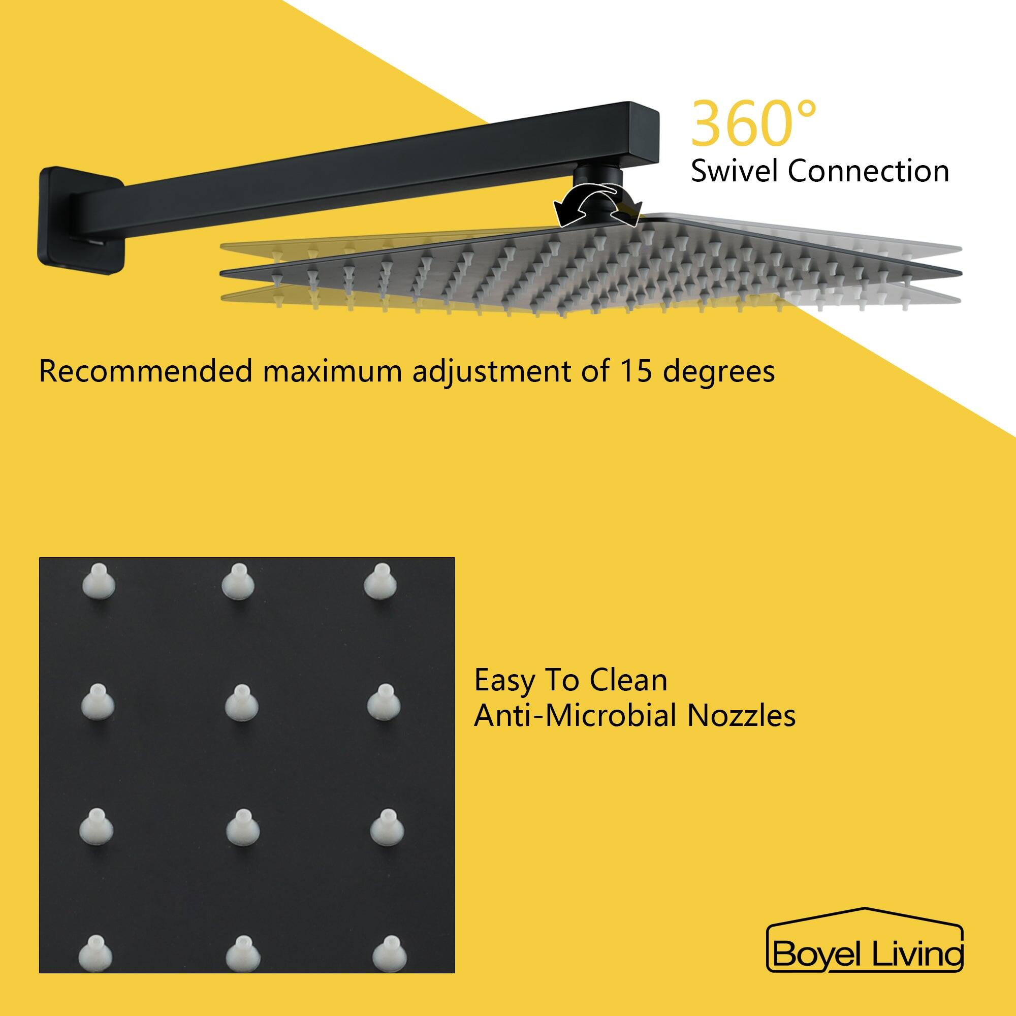 Swivel Connection, Recommended maximum adjustment of 15 degrees, Easy To Clean, Anti-Microbial Nozzles, Boyel Living