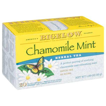 BIGLOW
CLASSIC
AMERICA'S FAMILY TEA BLENDERS SINCE 1945
Chamomile Mint
HERBAL TEA
A perfect pairing of soothing chamomile and refreshing mint
CAFFEINE FREE
ALL NATURAL
20 TEA BAGS INDIVIDUALLY WRAPPED IN FOIL POUCHES.
FRESHNESS STAYS IN. AIR AND MOISTURE STAY OUT.
NET WT 1.09 OZ (30 g)